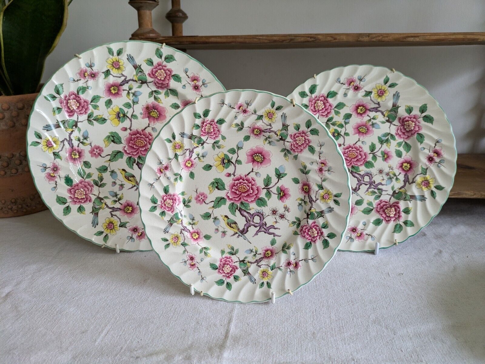 3x Vintage James Kent Old Foley 'Chinese Rose' Starter Salad Dinner Plate Set Vg