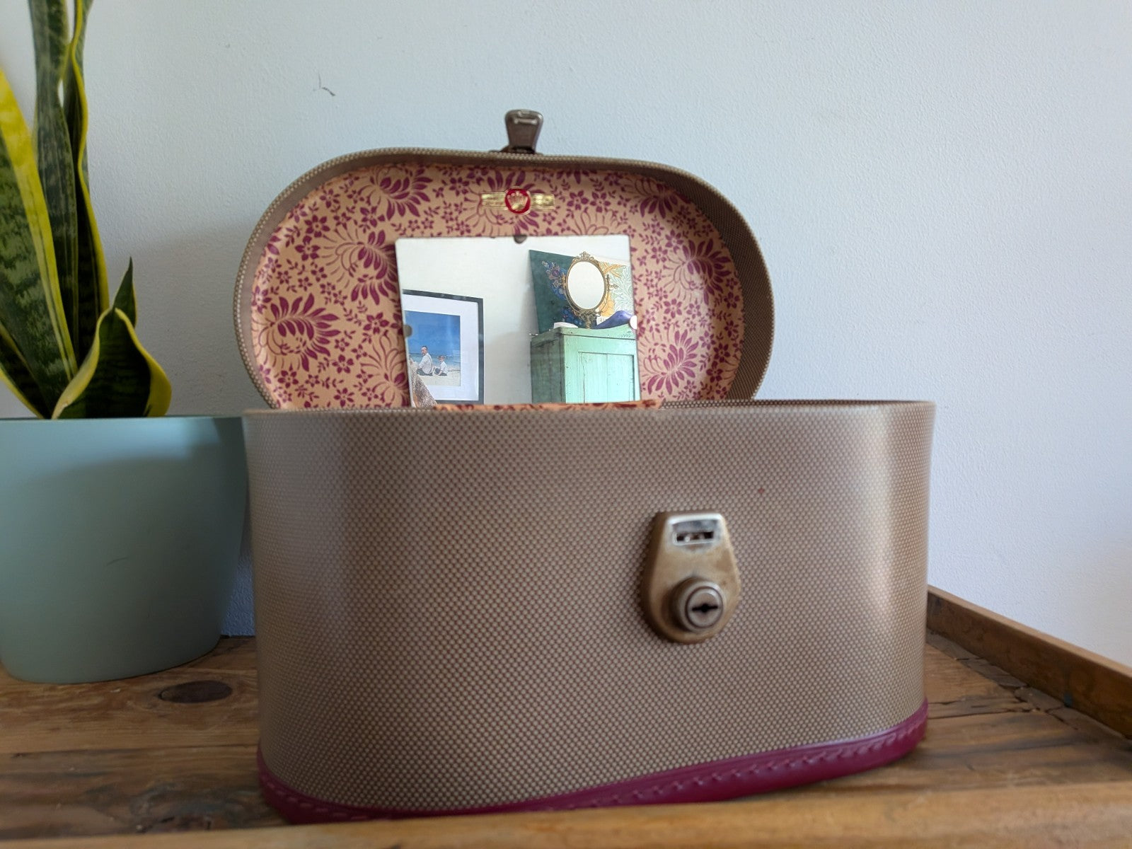 Vintage Cheney Vanity Case Child's Suitcase Luggage Prop Maroon Two-tone TV Film