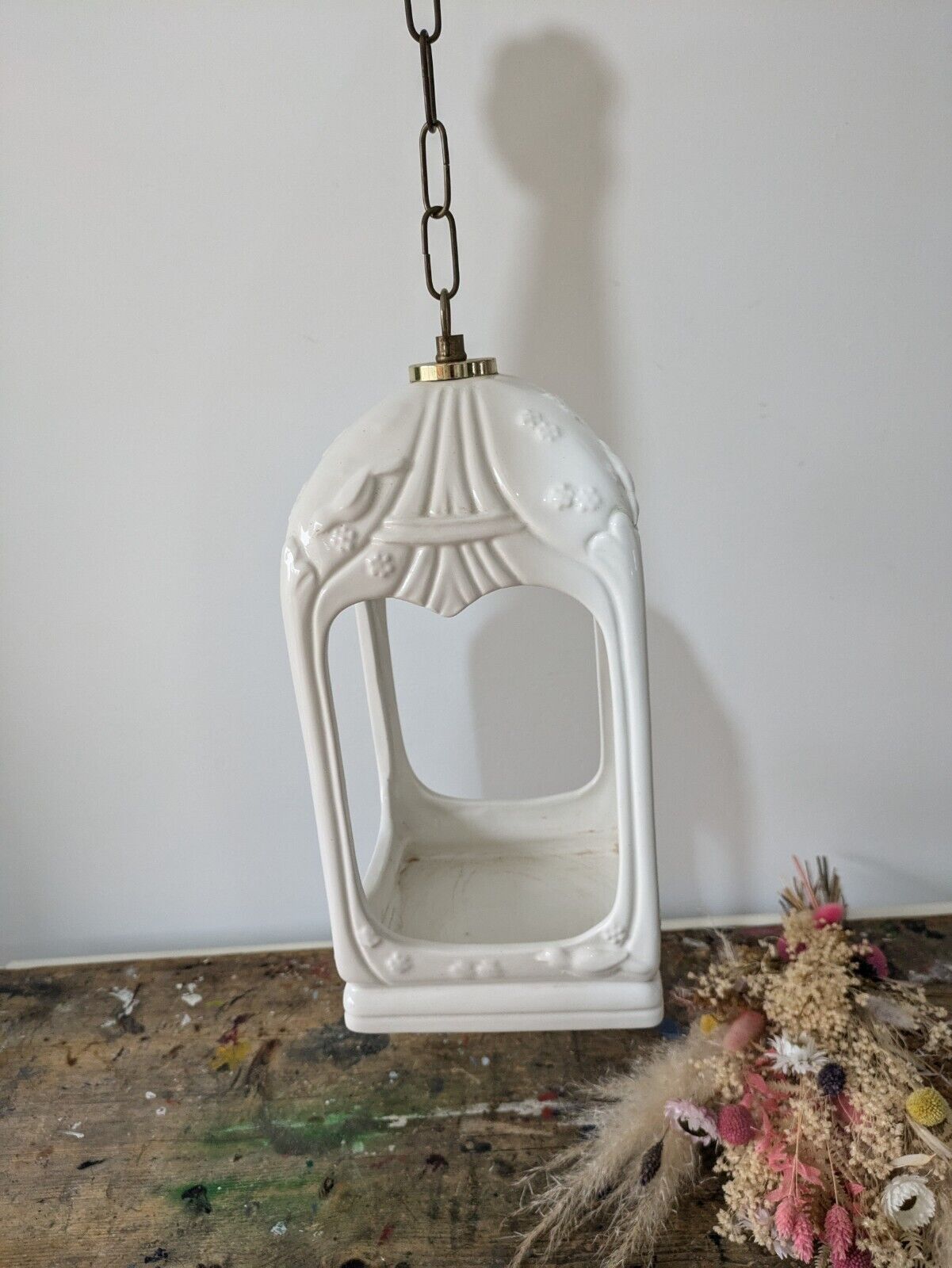 Large VTG White Ceramic Hand Painted Bird Cage Lantern On Chain Candle Holder Vg
