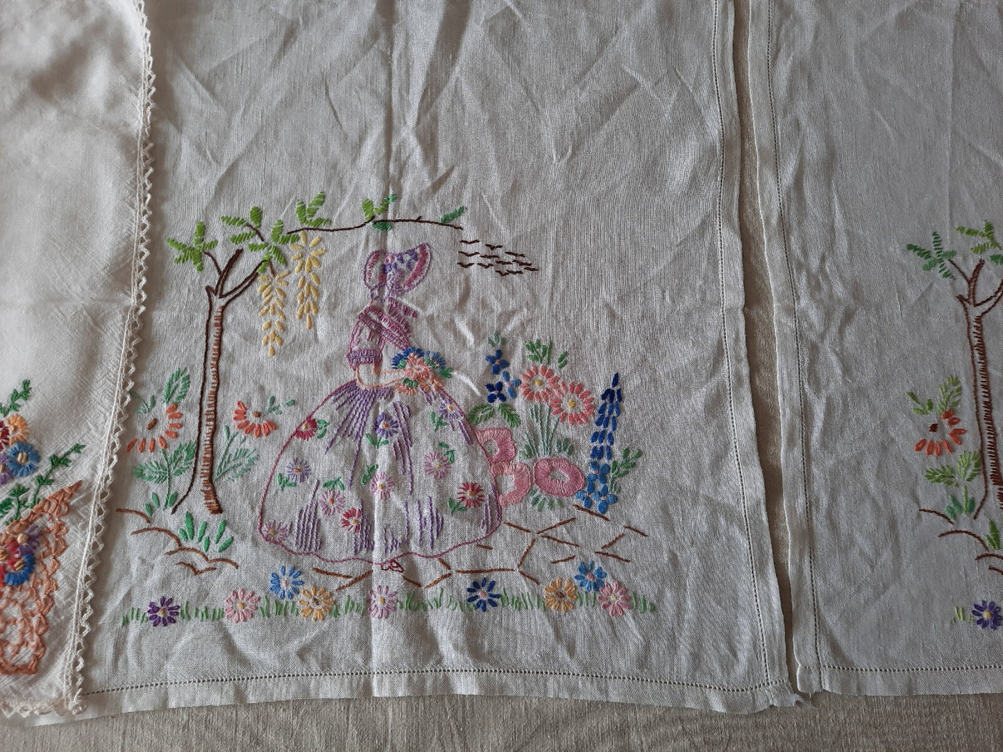 Job lot vtg embroidered retro table cloth cotton floral mats crinoline lady old