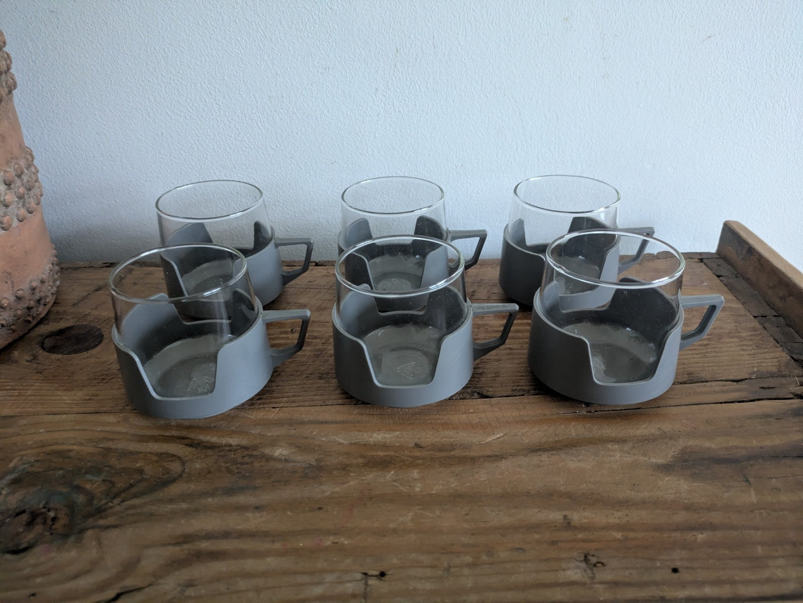 6 Grey Drink Mugs Cups Vintage JAJ Pyrex Camping Caravan Camper Picnic Set Retro