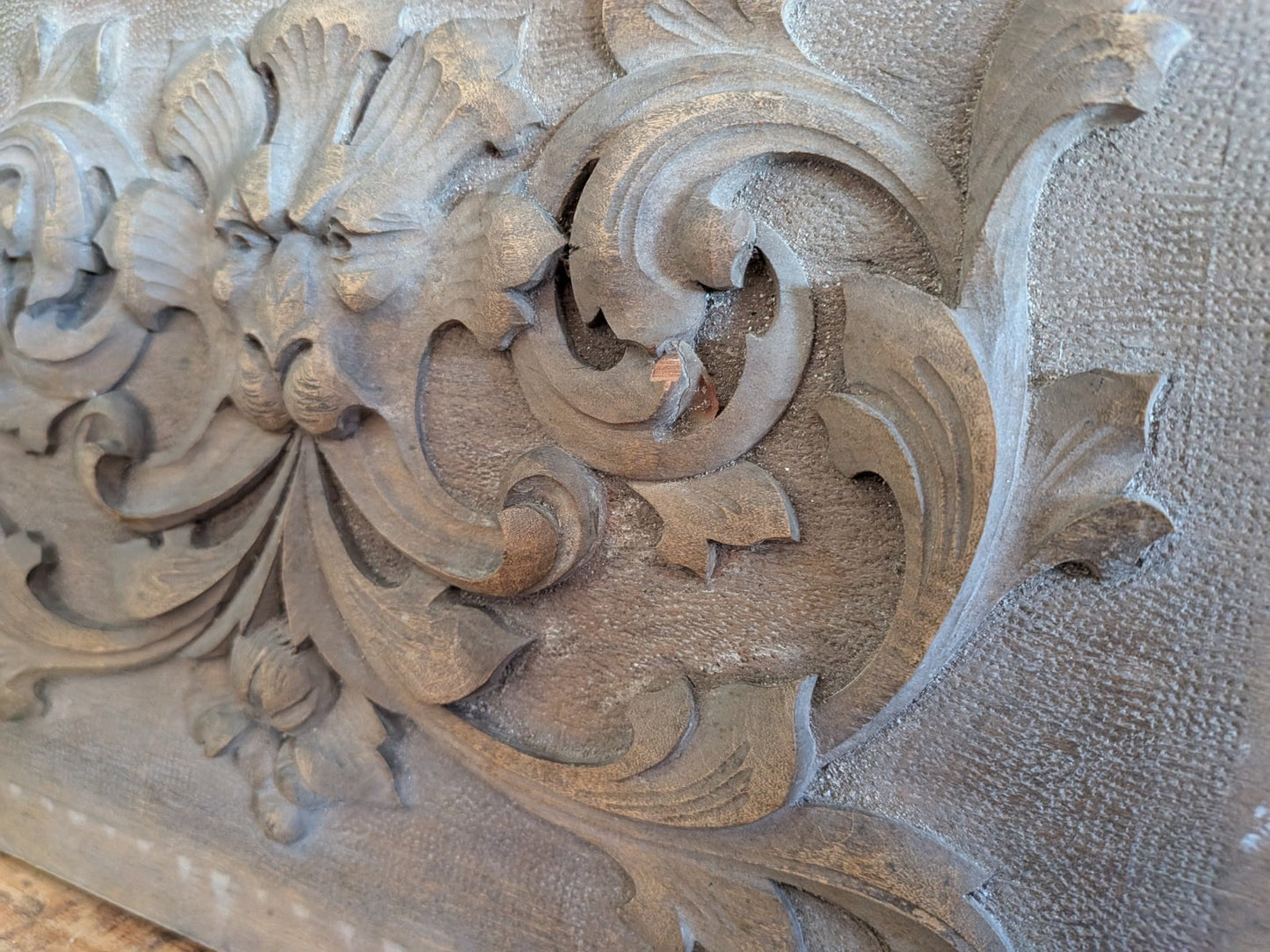 Antique Carved Wooden Panel Plaque Old Wood Victorian Green Man Head Face Scroll