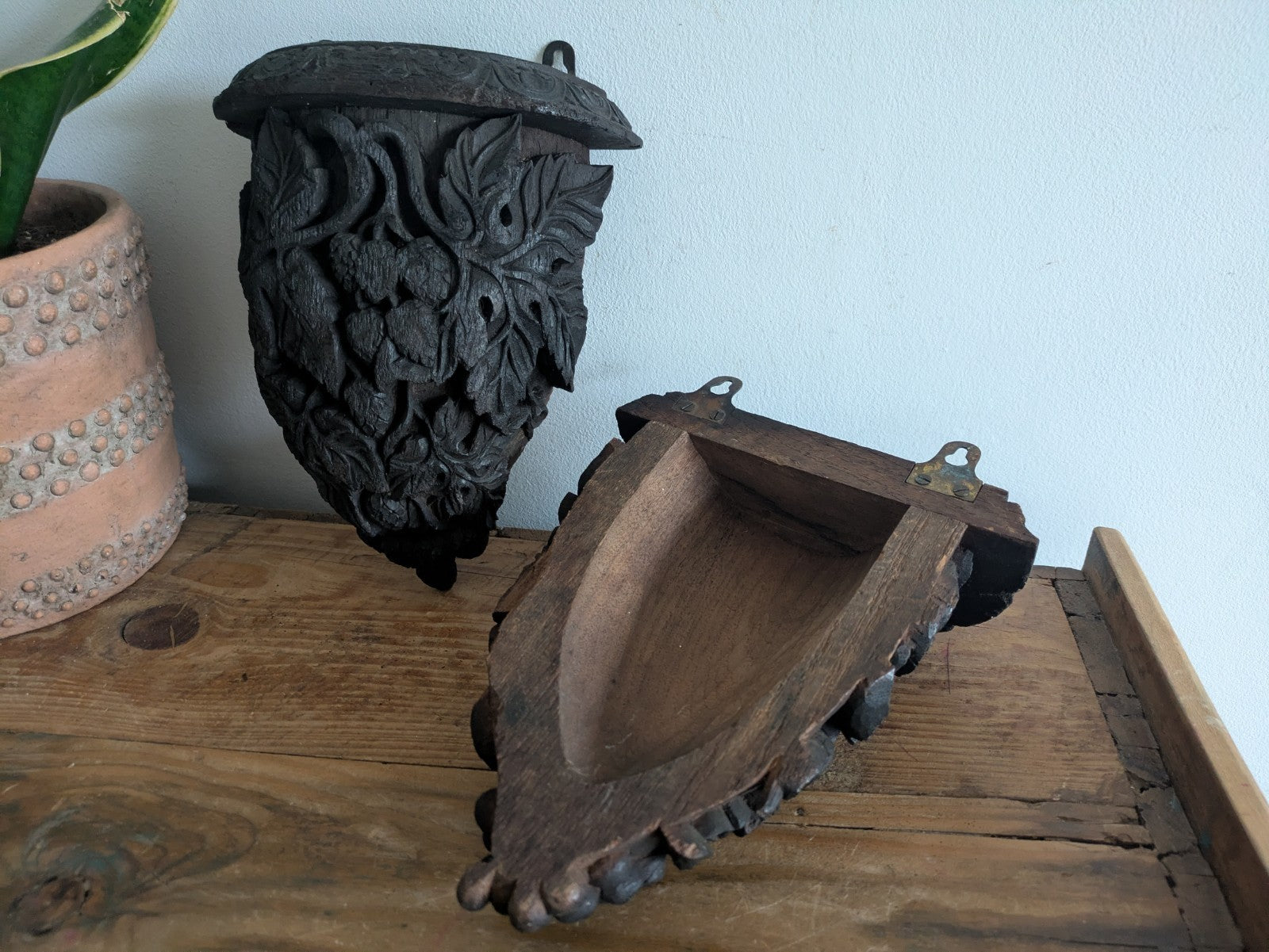 Antique Pair Carved Wall Hanging Shelf Sconce Decor C1880 Demi Lune Rare Vtg 