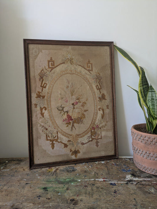 Antique French Needle Point Aubusson Floral Rose Rare Tapestry Framed Original 