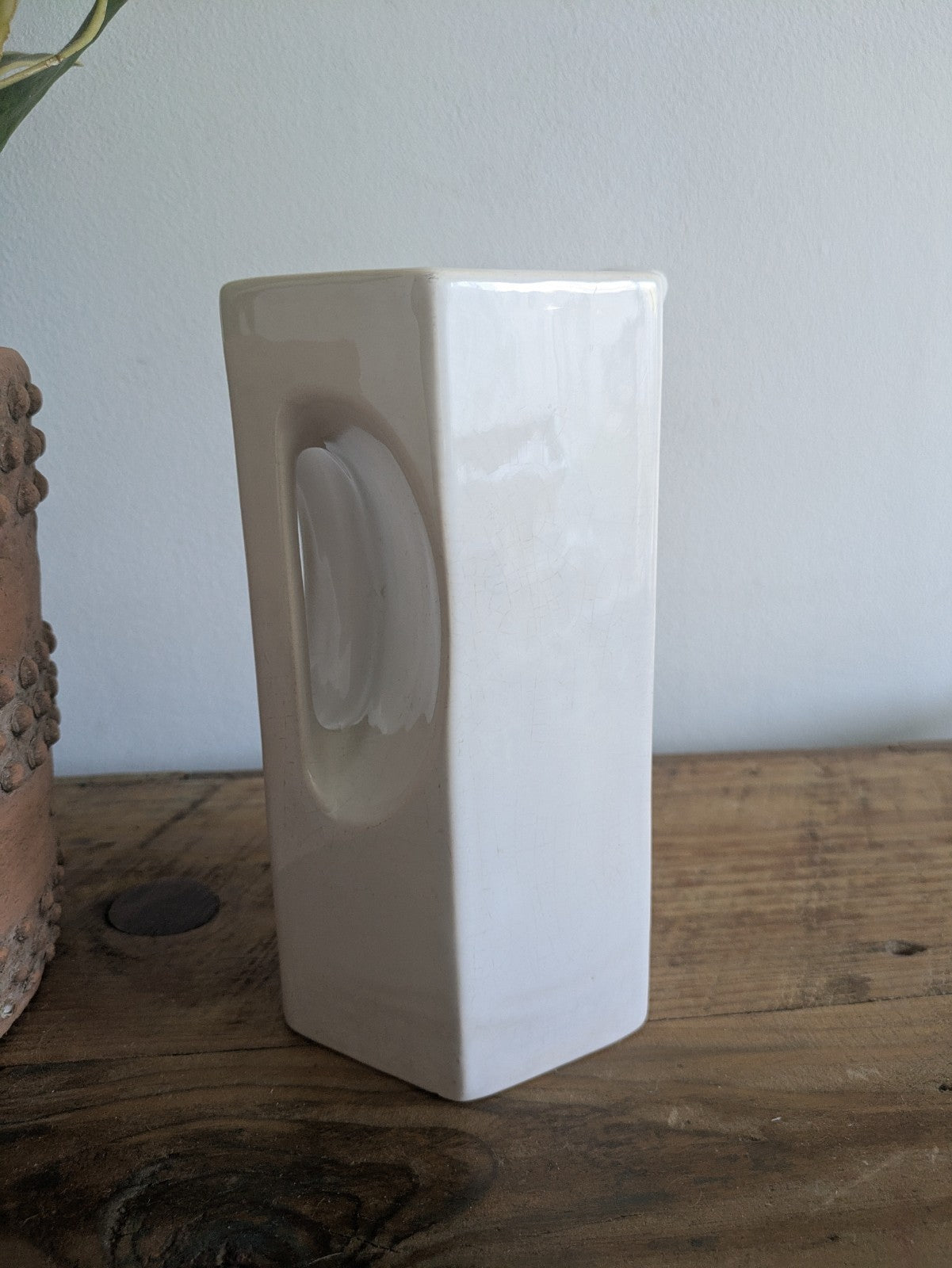 Vintage Deco White Ceramic Pitcher Jug Inset Handle Hexagonal Pitcher Crazed Vgc