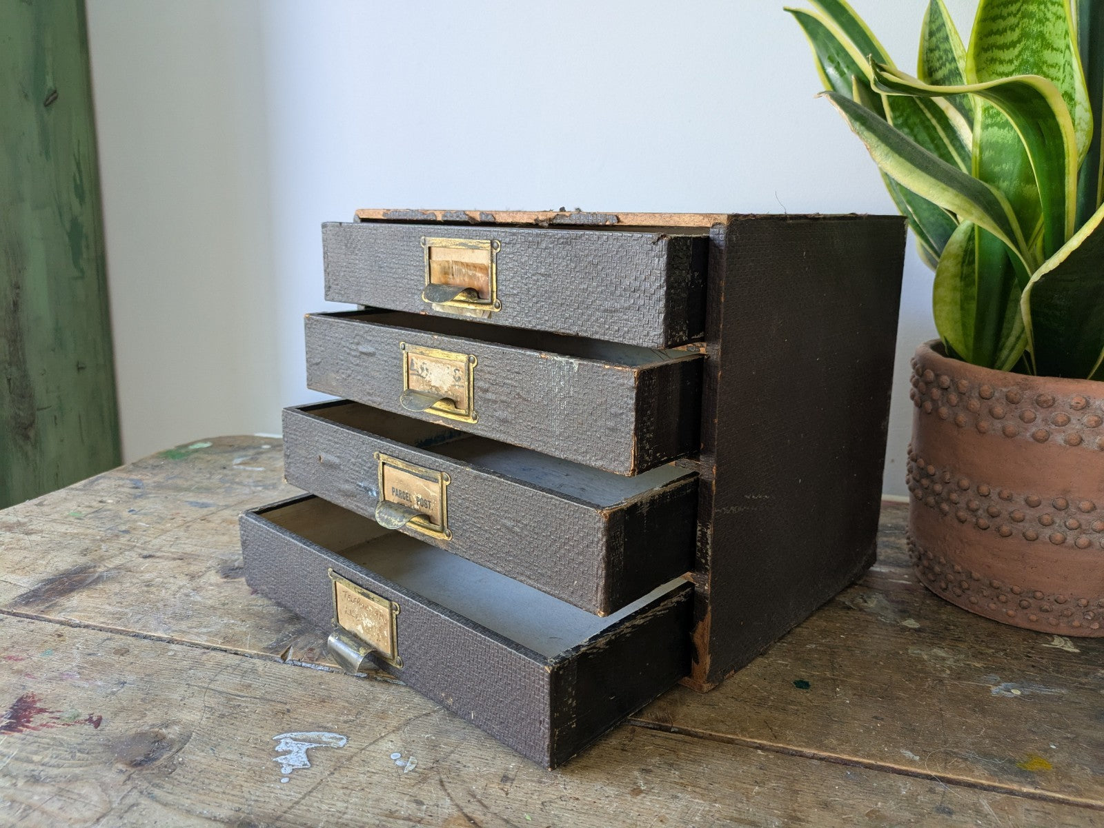 Vintage 4 Drawer Stationary Drawers Box Display Cabinet Industrial Office Desk 
