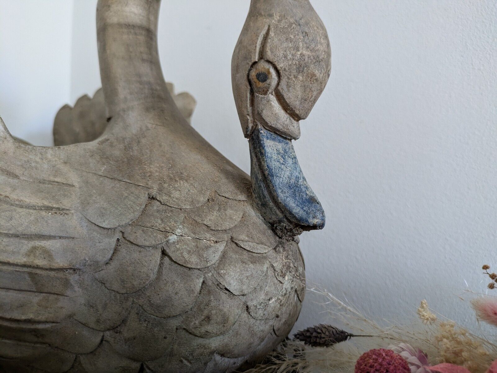 Carved Wood Swan Decoy Vintage Large Painted Solid Wood Planter Decor Time Worn