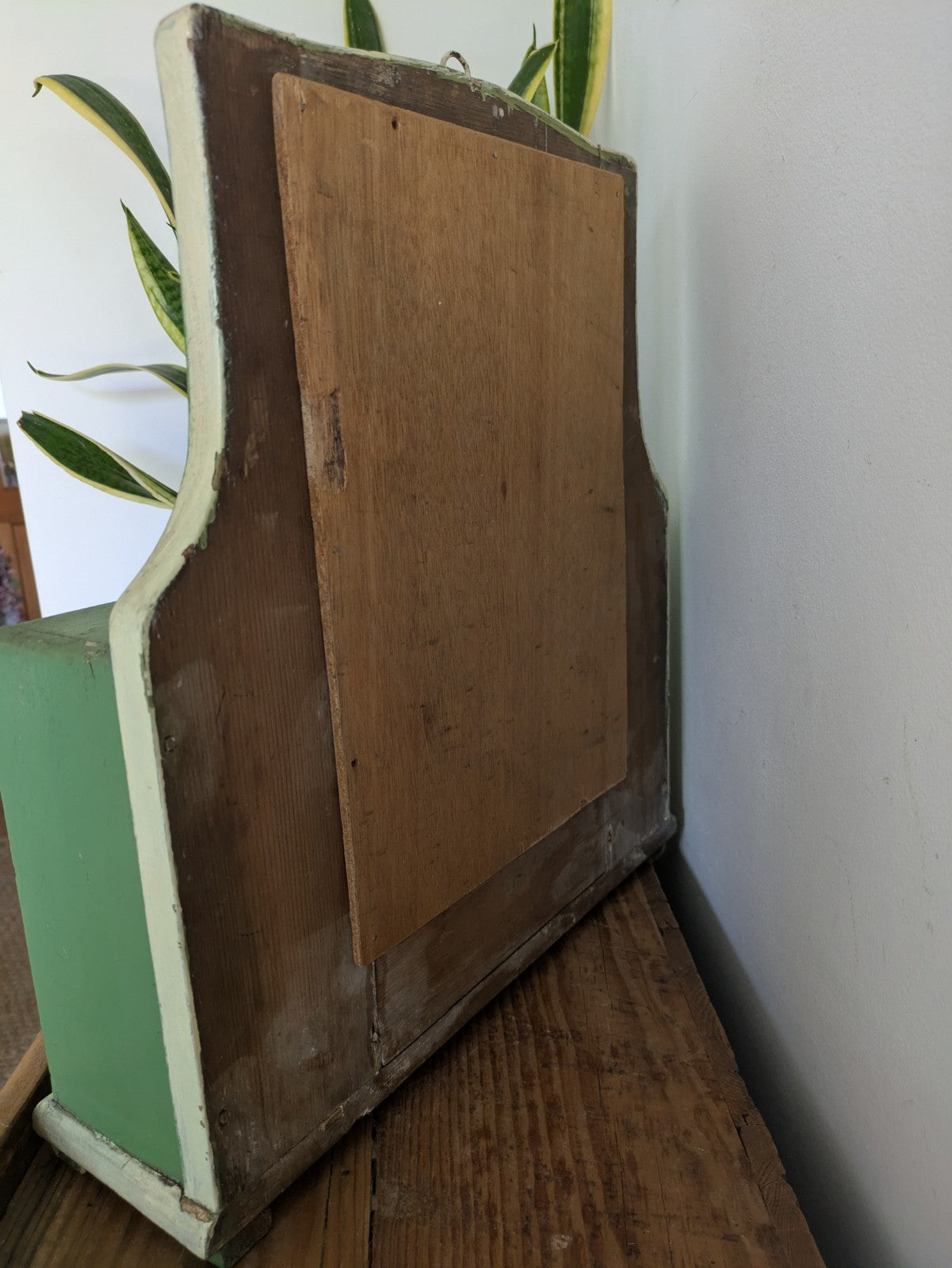 Antique Romanian Art Deco Wood Table Vanity Mirror Drawers Green Cupboard Wall