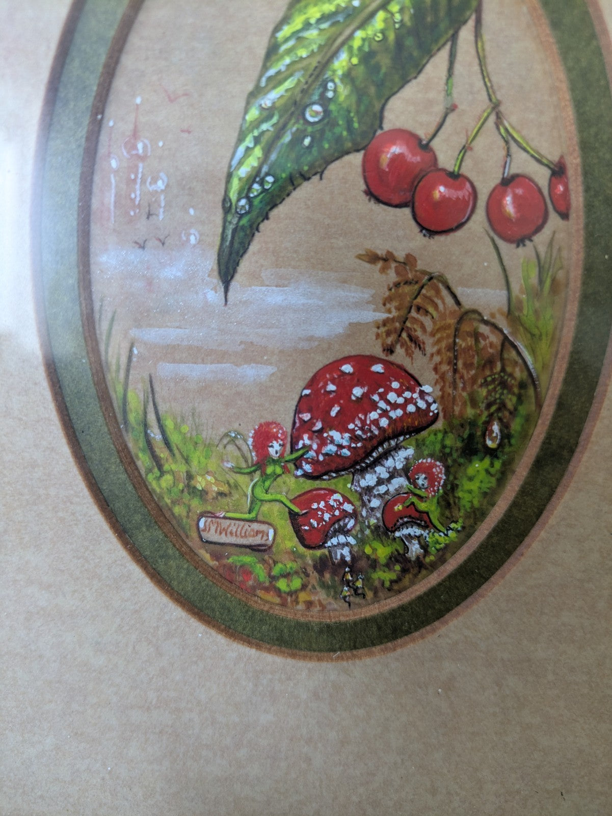 Vintage Watercolour Painting Mushroom Toadstool Pixies Signed Framed 1983 Folk