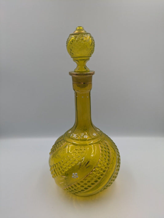 Vintage Yellow Vaseline 1920s 30s Glass Decanter Hand Painted Gold Rare Stopper