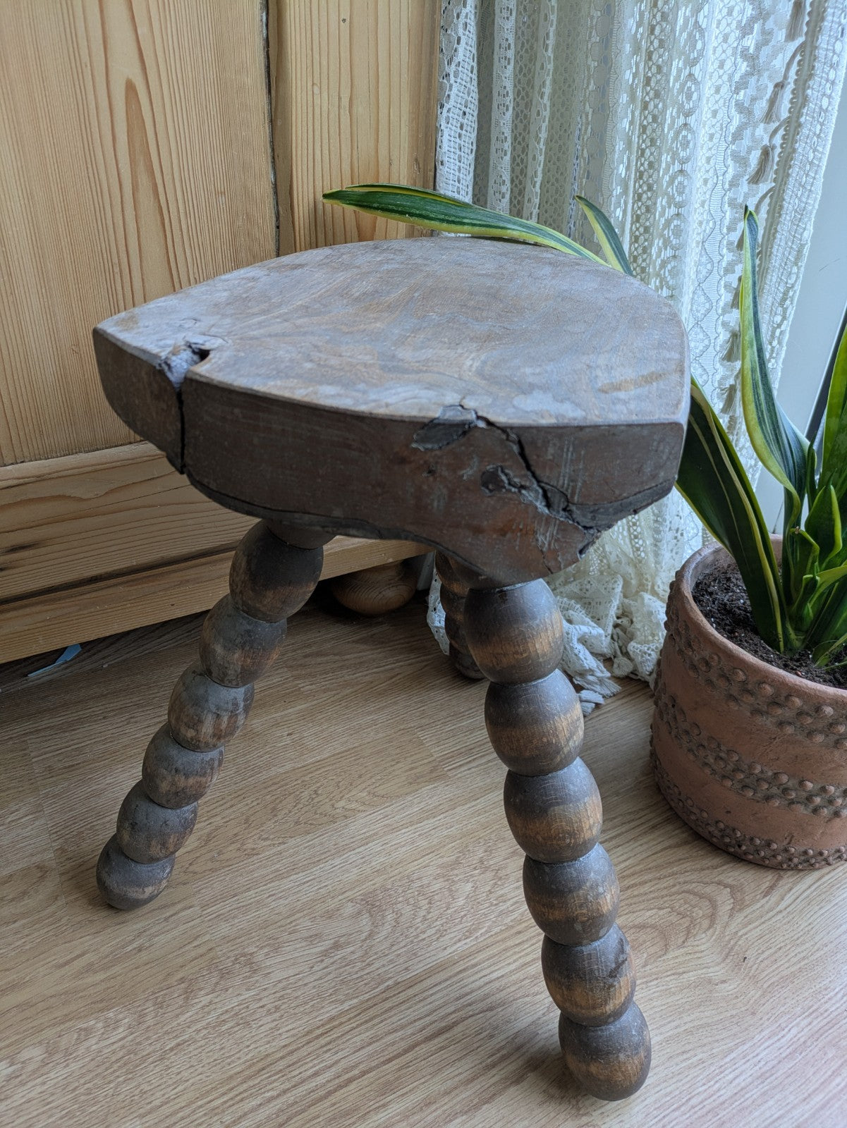 Antique 19th Century Vintage French Tripod Bobbin Leg Stool Plant Or Lamp Stand