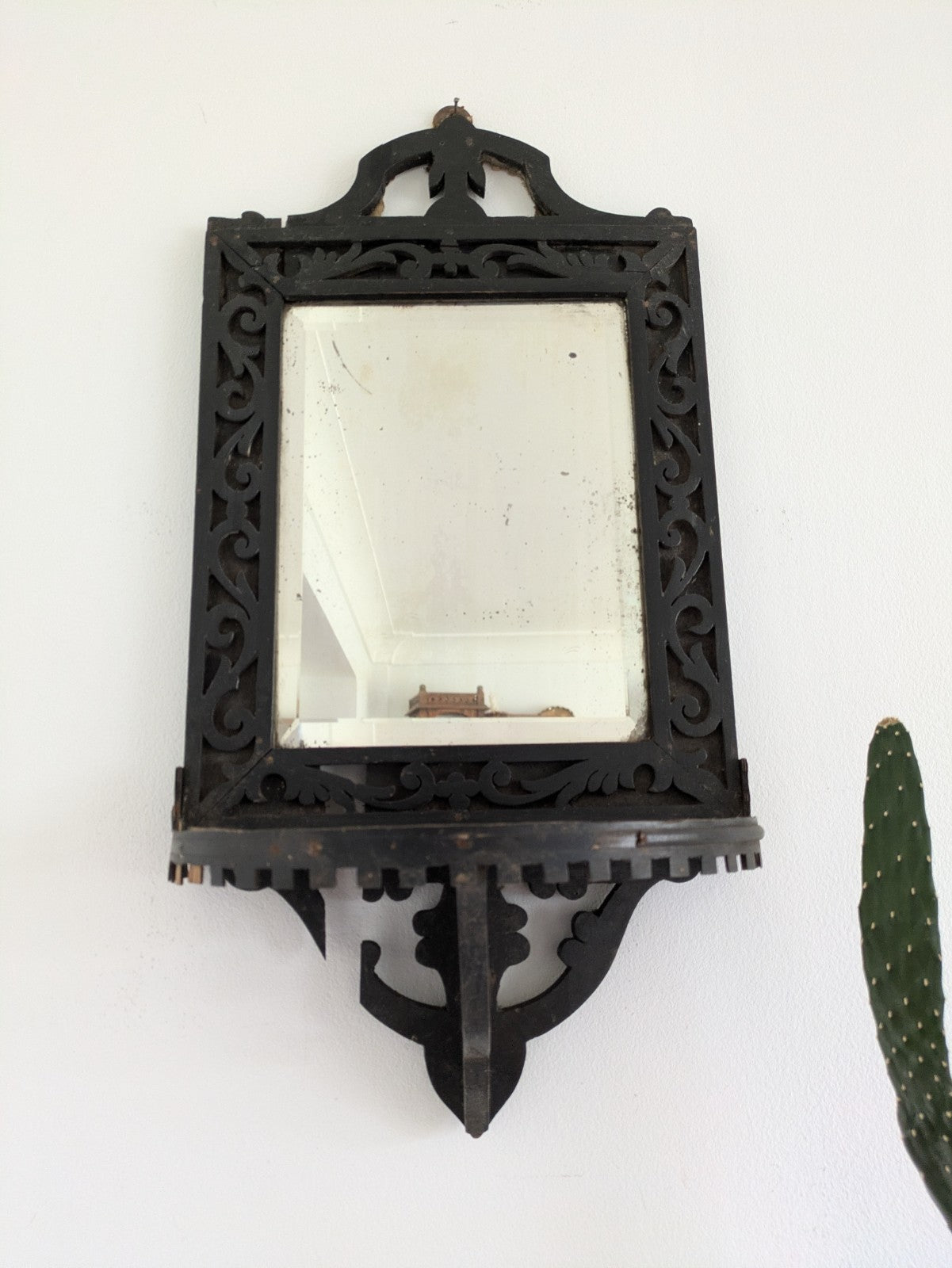 Antique 19th Cent Victorian Ebonised Wood Wall Sconce Mirror Glass Candle Shelf
