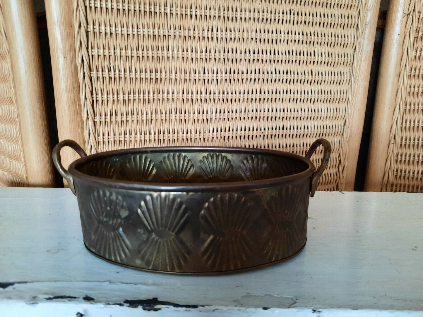 Vintage Oval Copper Planter Plant Pot Holder Deco shell dish two handles rare