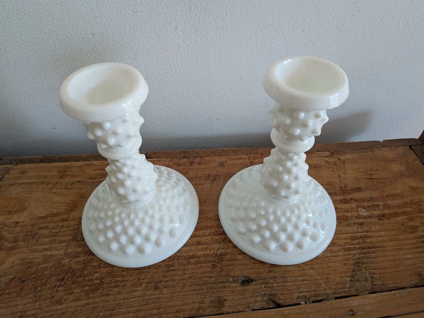 Vintage Fenton White Hobnail Milk Glass Pair Candlestick Holders 14.5cm H Vgc 
