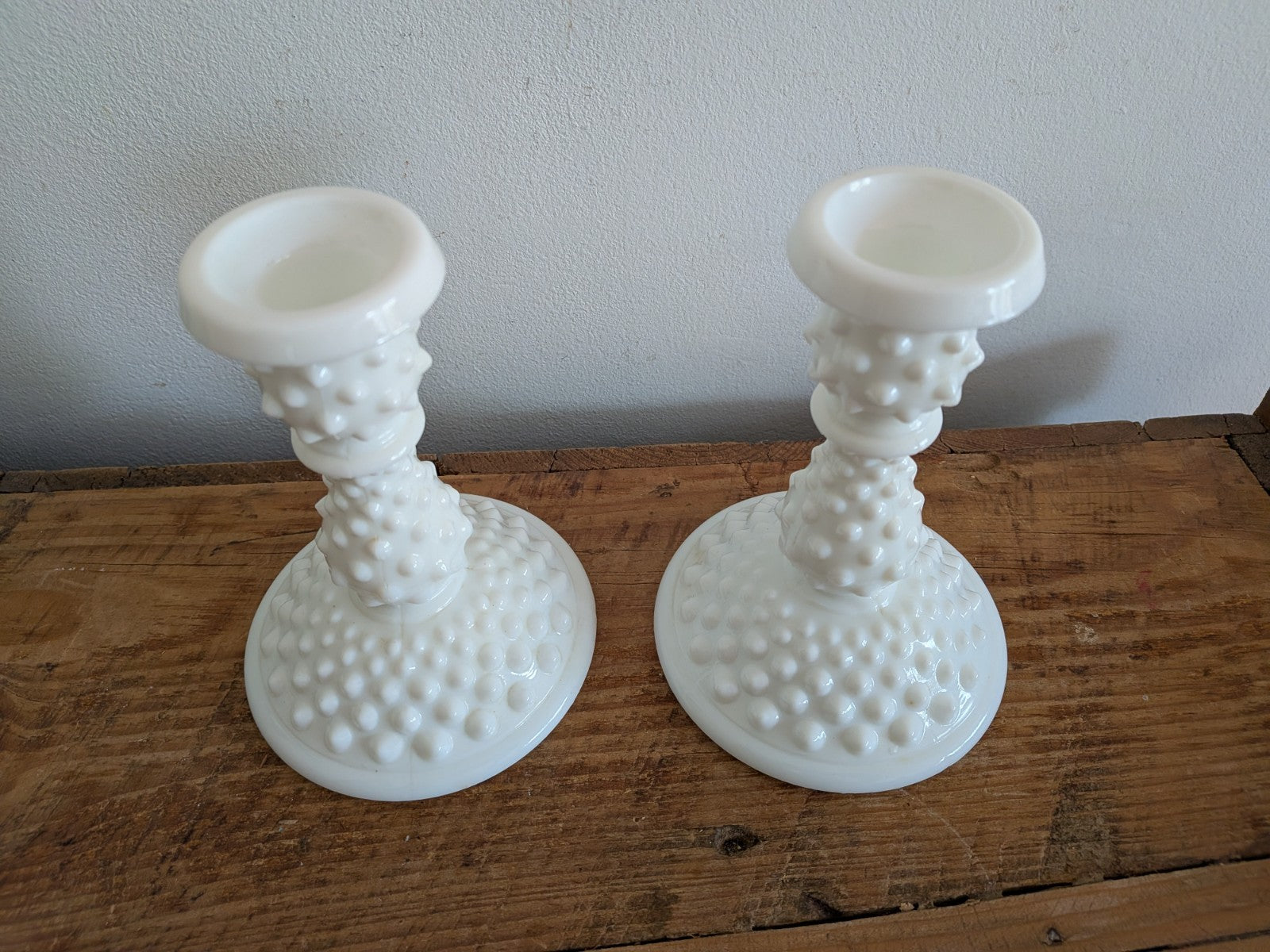 Vintage Fenton White Hobnail Milk Glass Pair Candlestick Holders 14.5cm H Vgc 