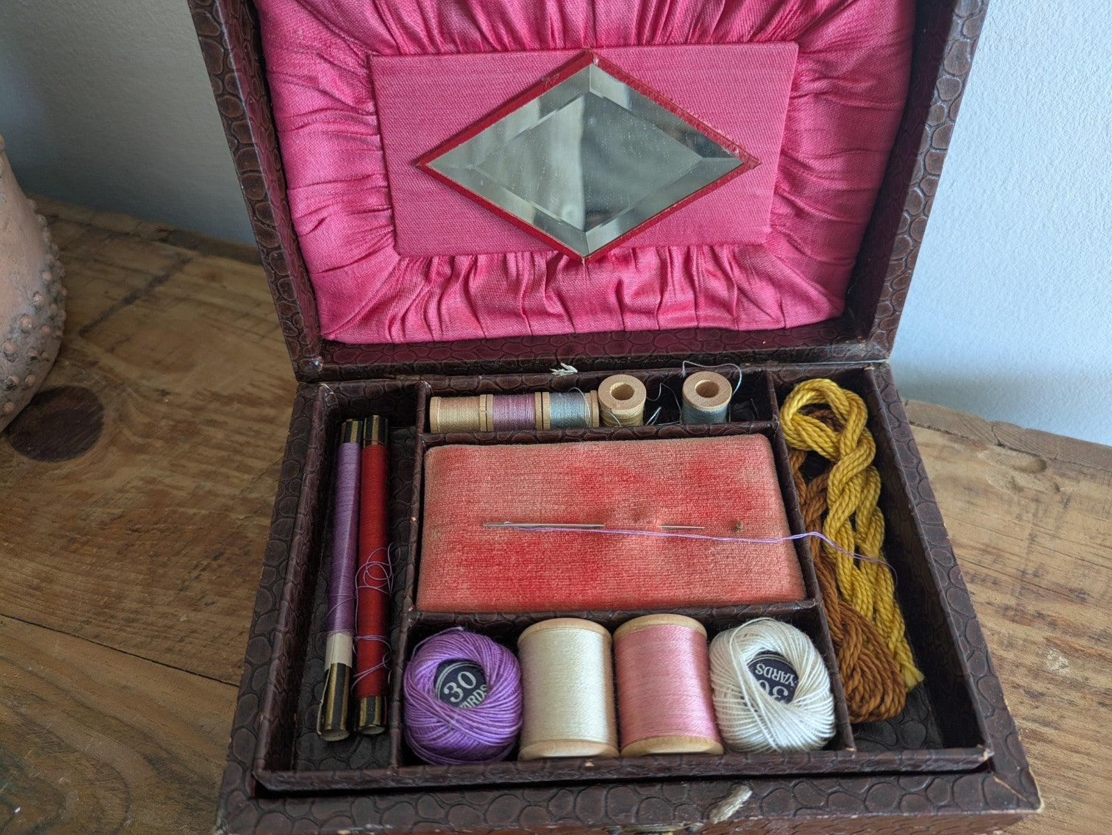 Antique Faux Crocodile Brown Leather Child’s Sewing Box with Contents Workbox 