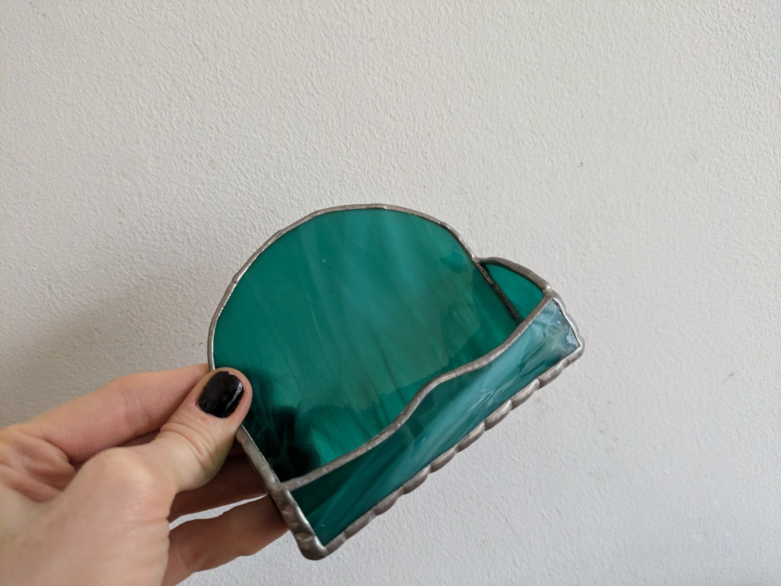 Handmade Stained Glass Business Card Holder Teal Green Leaded Rack Decor Gift 