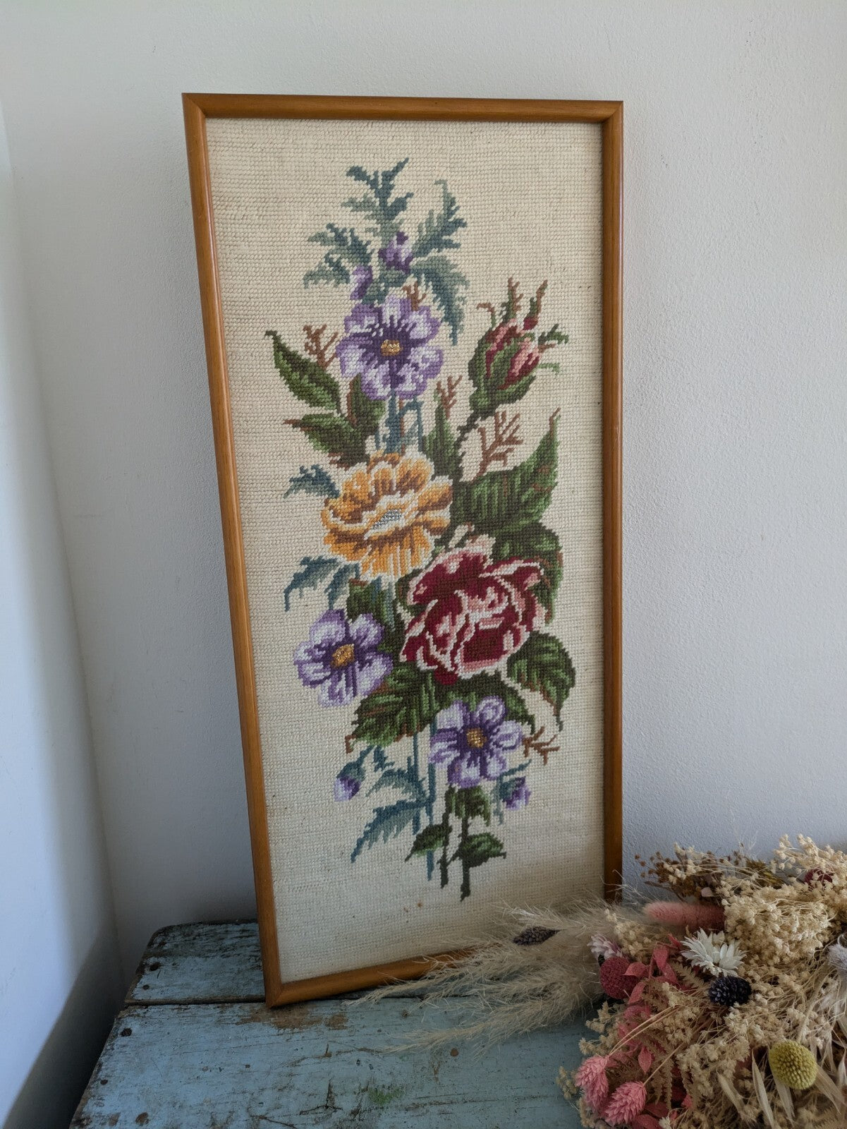 Framed Rose Tapestry Picture Floral Display Vintage Flowers Needlepoint Kitsch