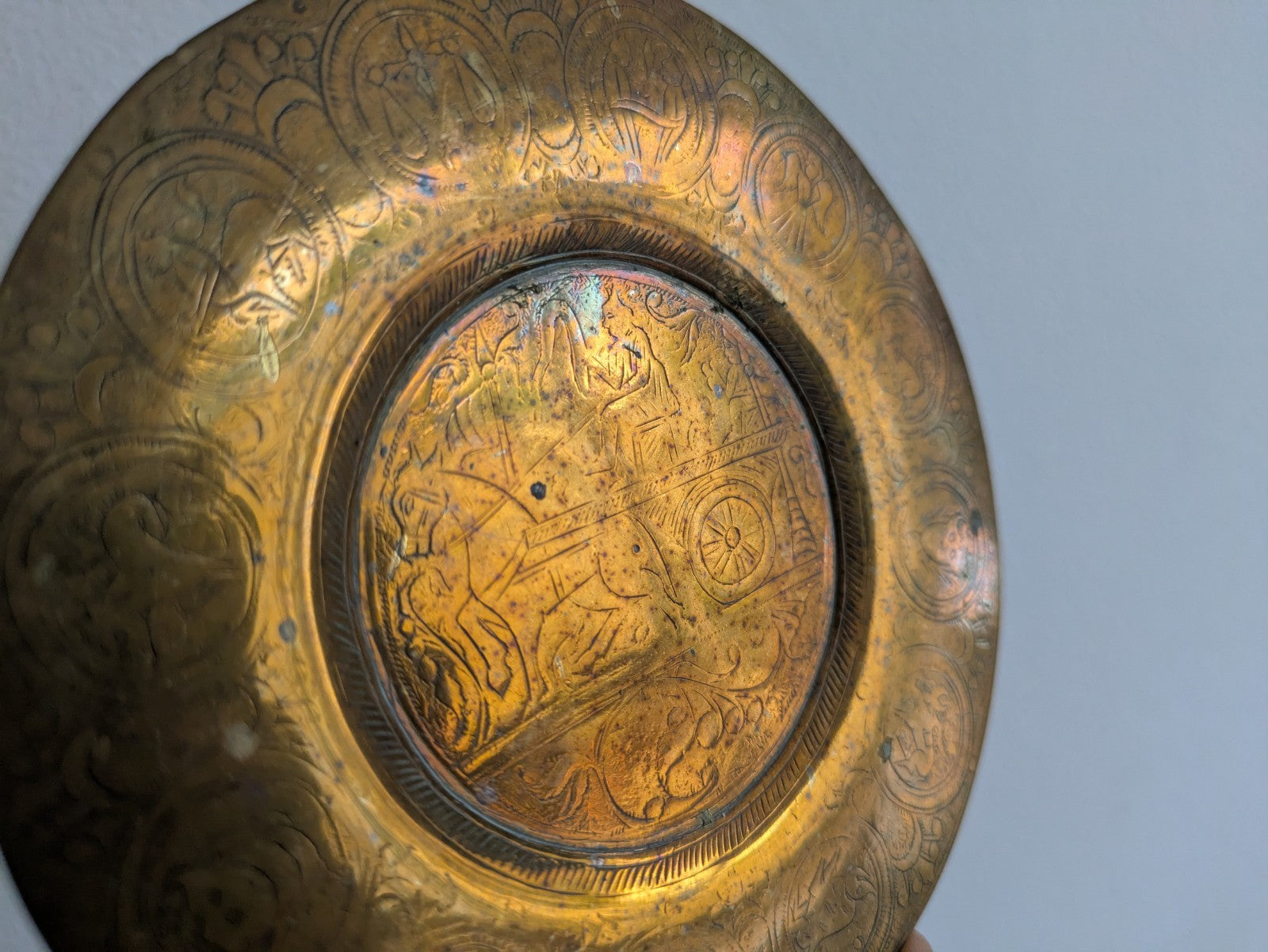 Vintage Indian Engraved Brass Plate Hand Engraved Man In Chariot Pulled By Horse