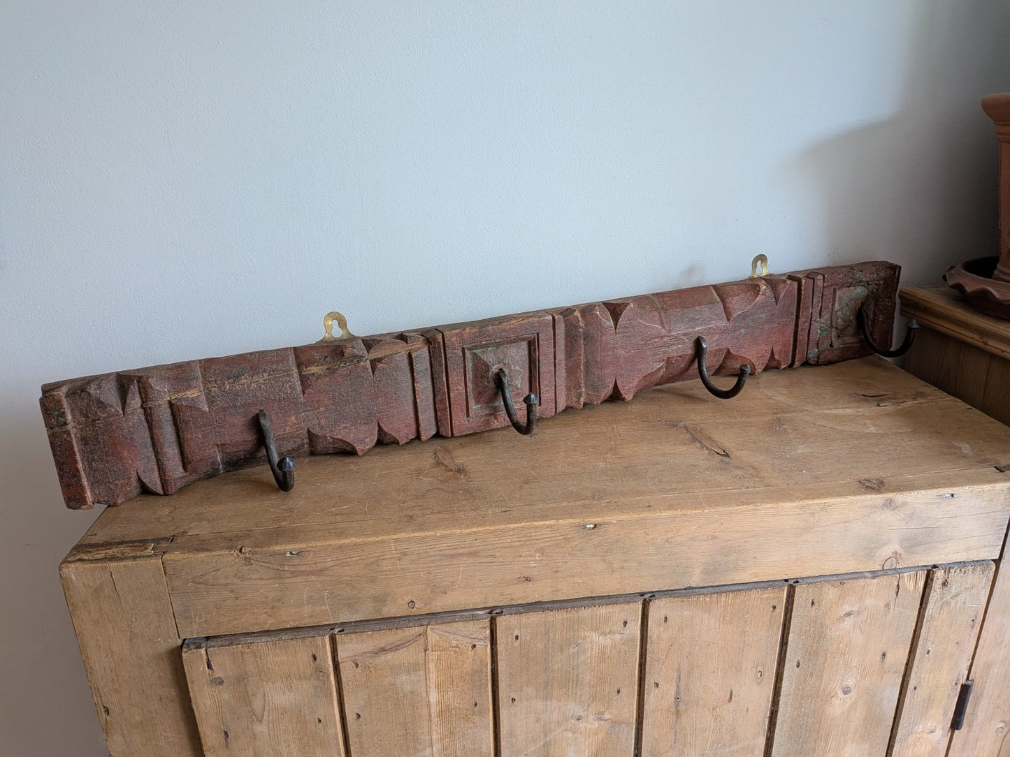Antique Indian Painted Teak Wood Coat Hook Panel Salvaged Iron Hooks Vintage Vgc