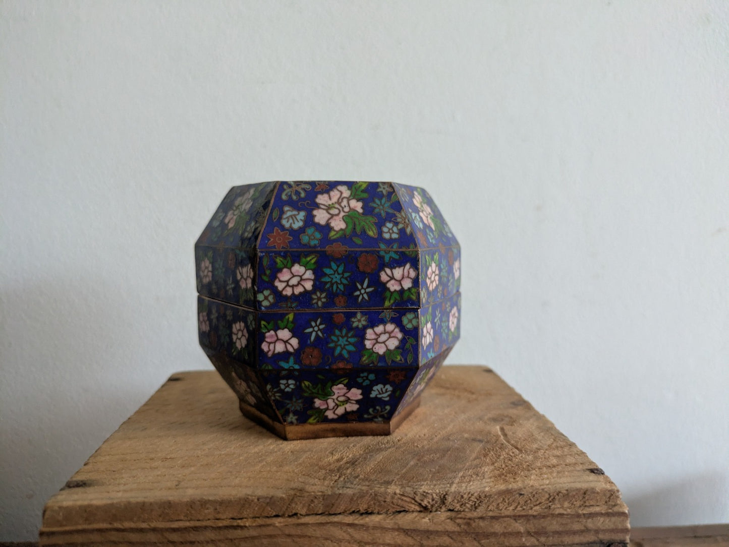 Superb Japanese Cloisonne Enamel Hexagon Shaped Box Blue Floral Vintage Pot Vgc