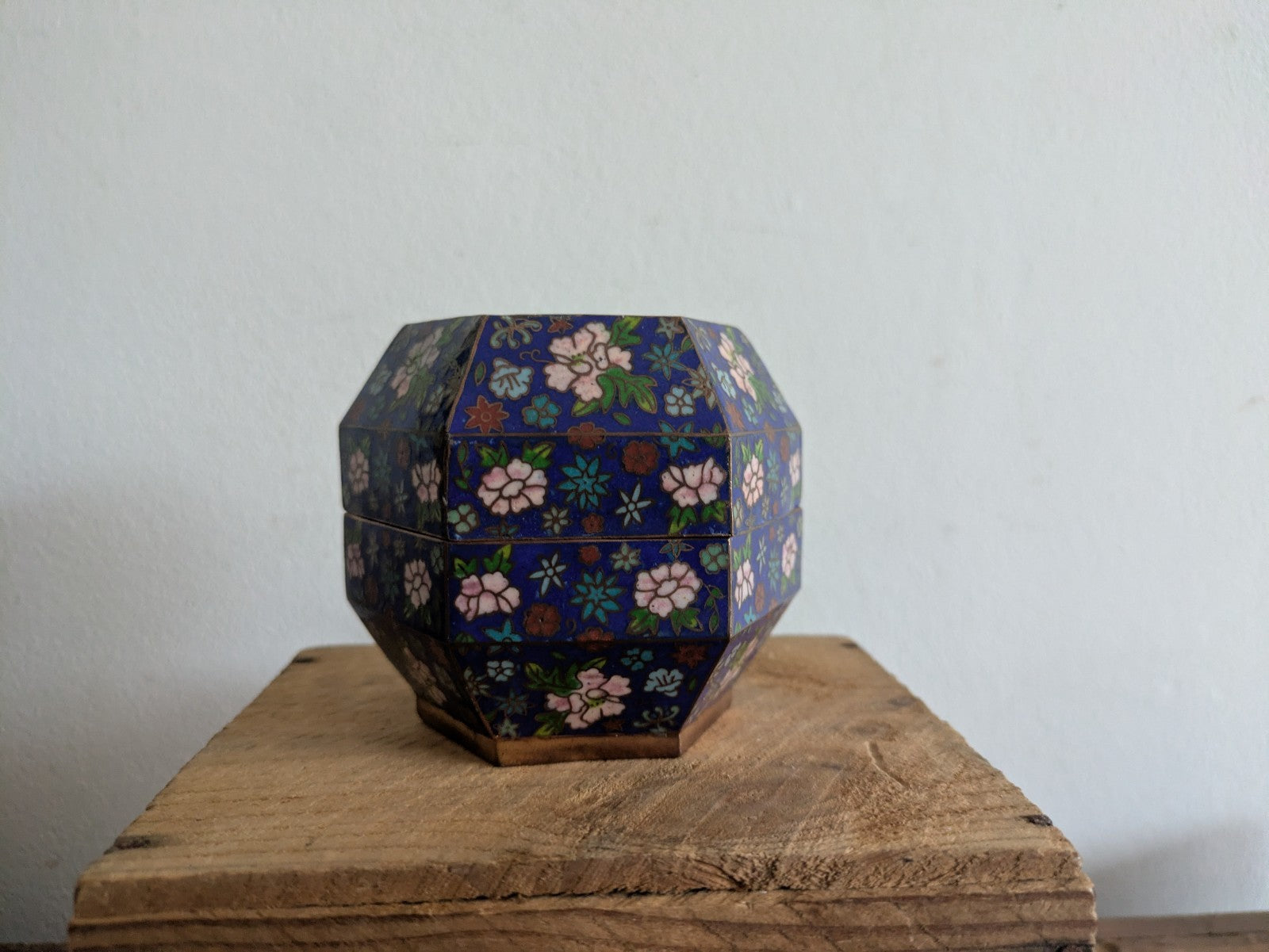 Superb Japanese Cloisonne Enamel Hexagon Shaped Box Blue Floral Vintage Pot Vgc