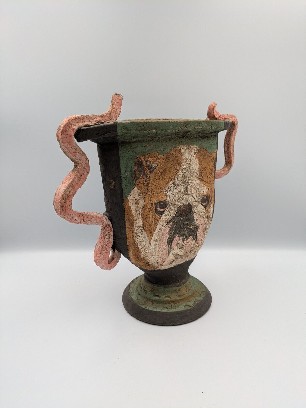 John Mullin Studio Bulldog Dog VASE Signed Contemporary Artist Stoneware Painted