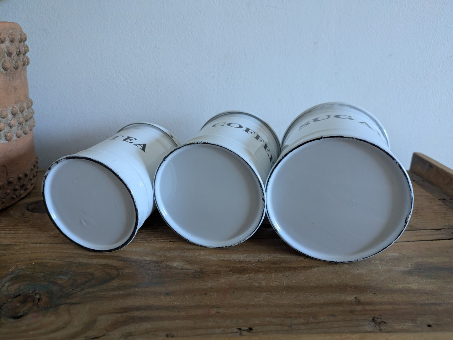 Vintage White Enamel Canisters Set Metal Tins Jars Antique Vgc Shabby Chic Clean