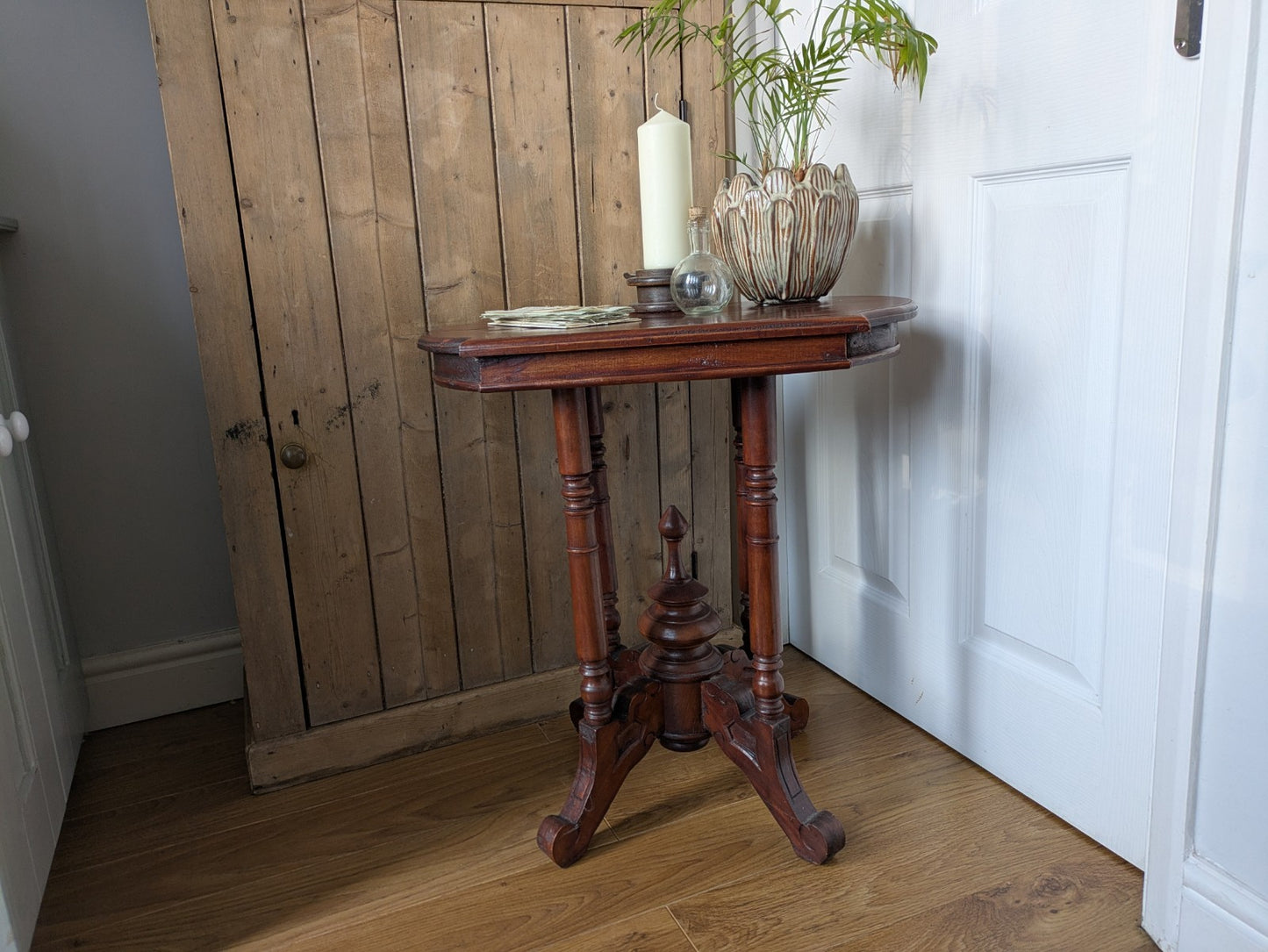 Antique Mahogany Side Table Hall Lamp Turned Legs & Finial Base Victorian C1890