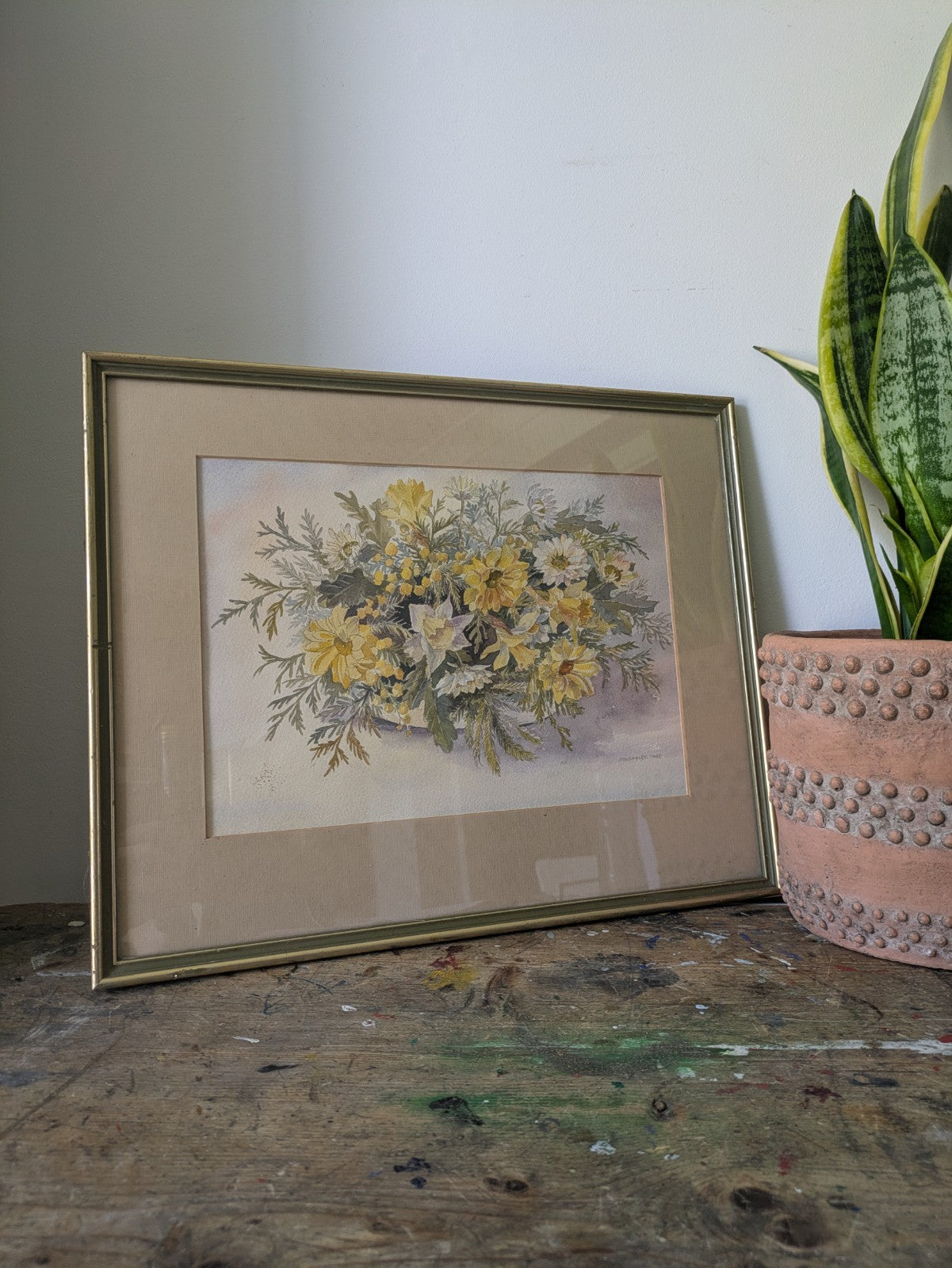 Original Watercolour Painting M W Varley Spring Bouquet Floral Vase Flowers Vgc