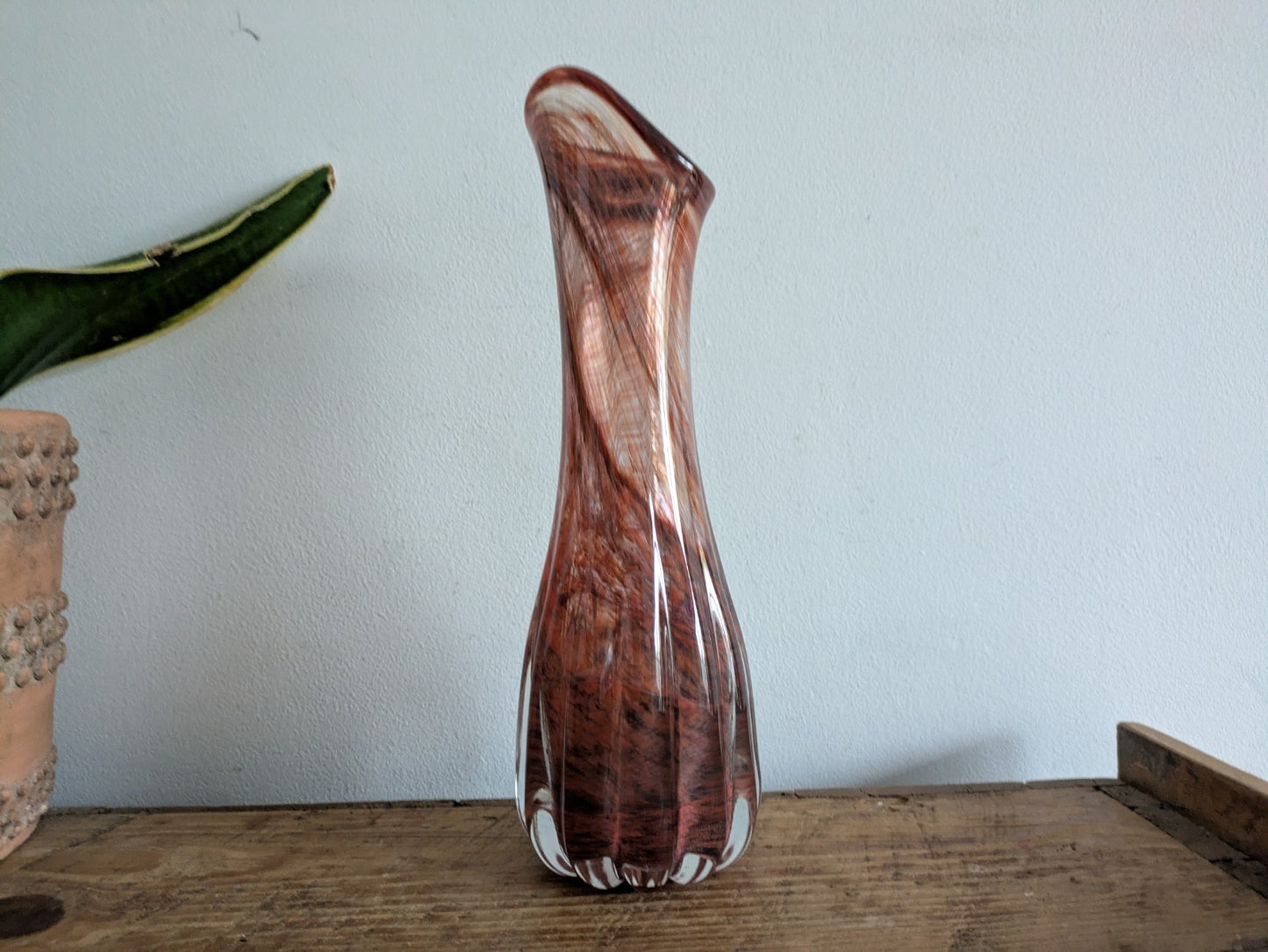 VTG Murano? Studio Art Glass Hand Blown Brown Vase Tall Ribbed Fluted MCM Prop