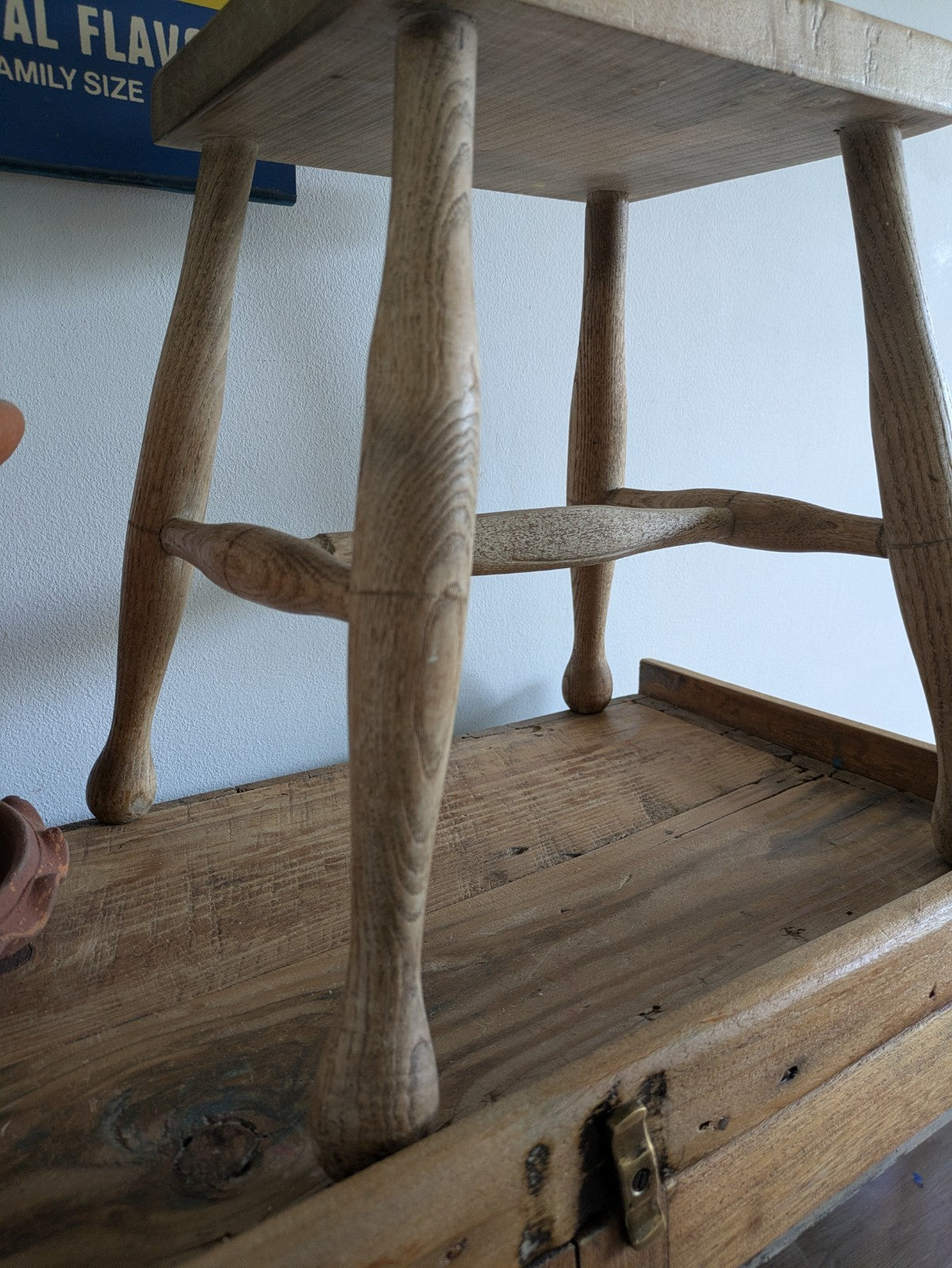Antique Vtg 1880s Victorian Stool Beech Top Elm Leg Wooden Seat Utilitarian Vgc