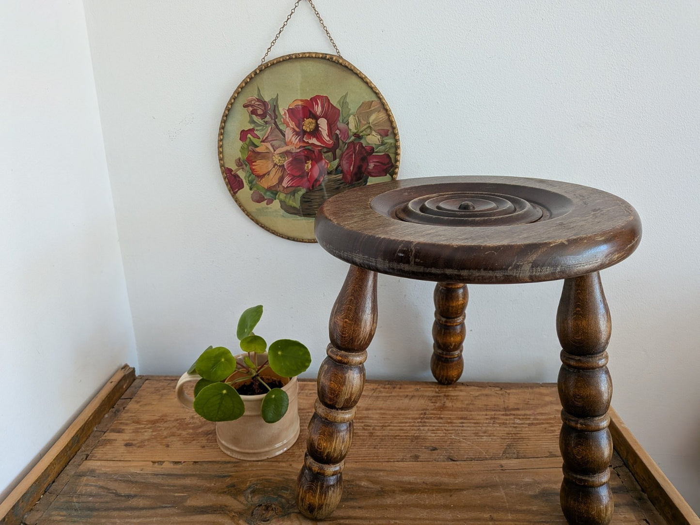 Antique Vintage French Oak Bulls Eye Round Rustic Milking Stool Plant Stand Vgc