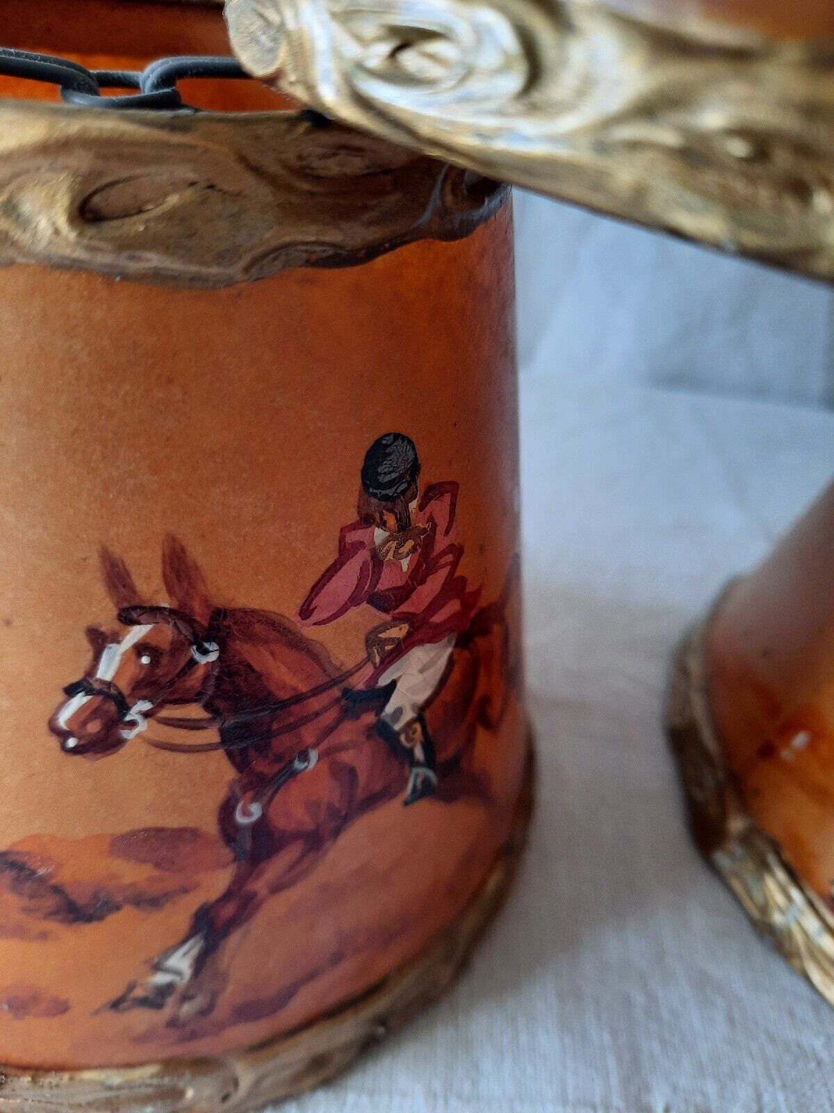 3x Rare Vintage 1950s Clip-on Lamp Shade Hand Painted Hunting English Dog Horse