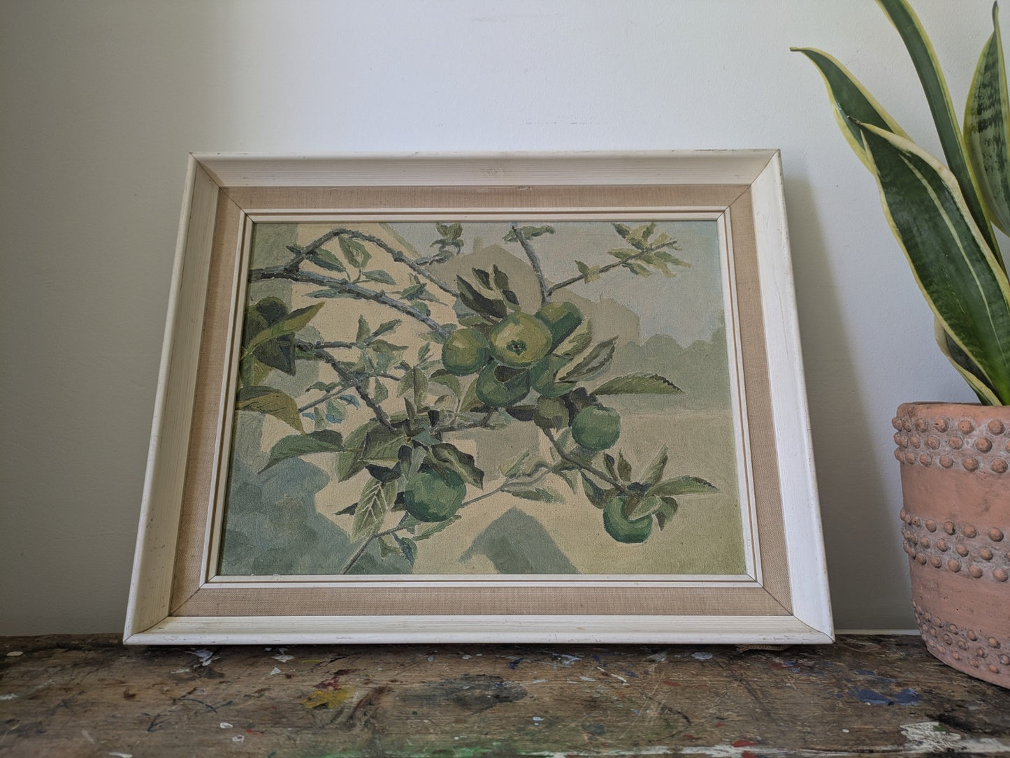 Vintage Apple Tree Original Painting Mid Century Framed Still Life Fruit Retro