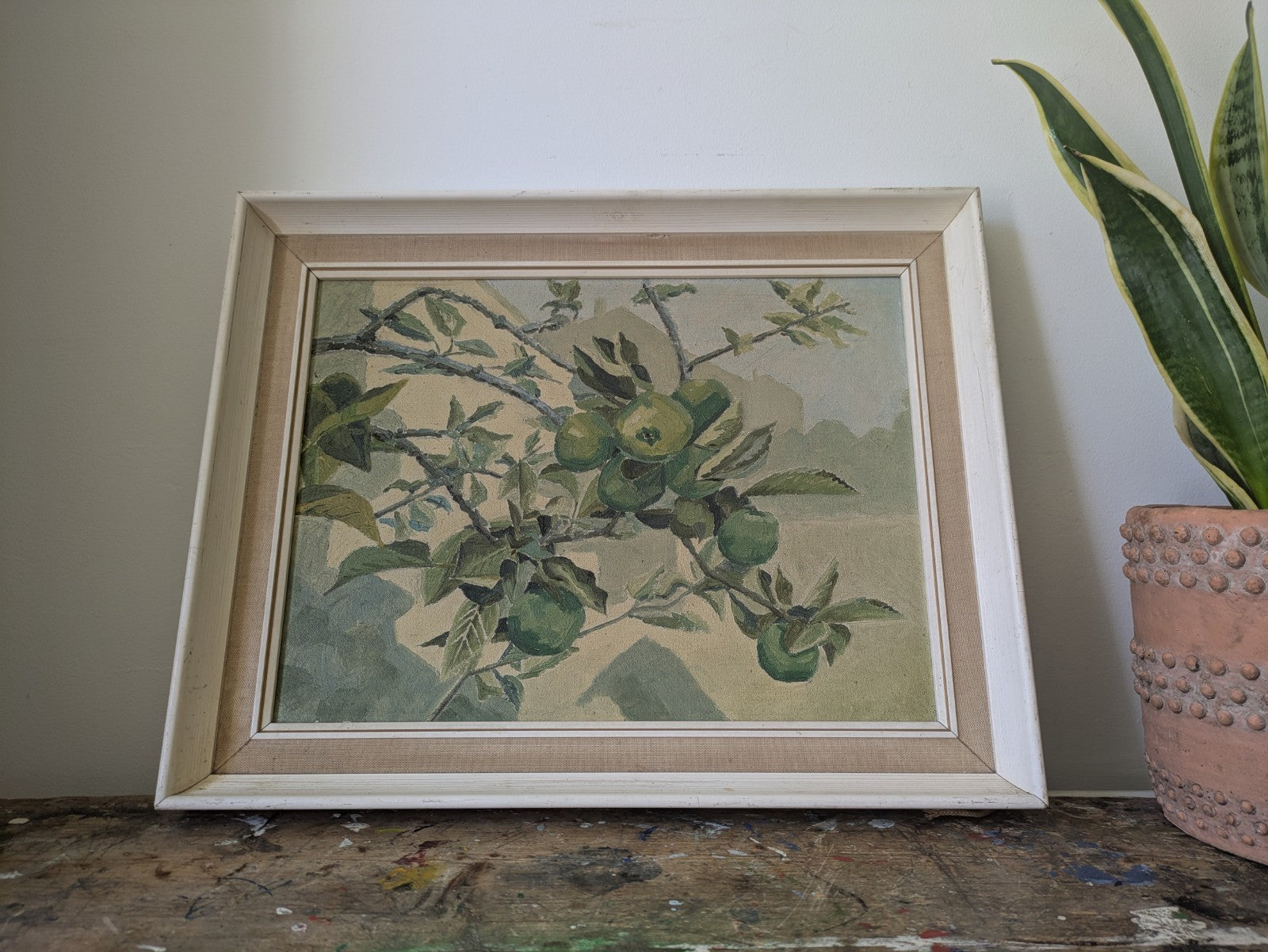 Vintage Apple Tree Original Painting Mid Century Framed Still Life Fruit Retro