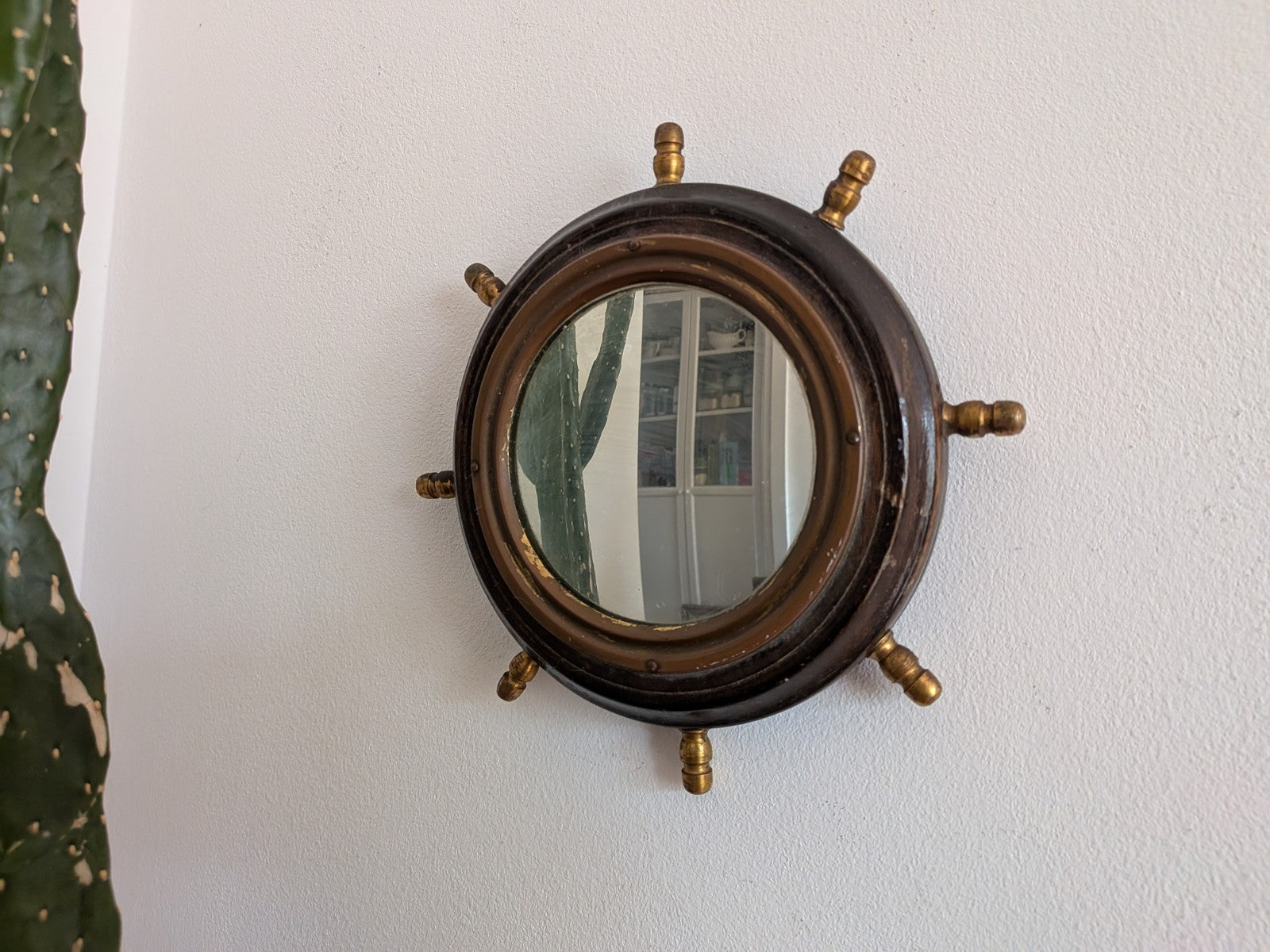 Antique Porthole Maritime Mirror Solid Oak Small Ships Wheel Nautical 1920s Vtg!