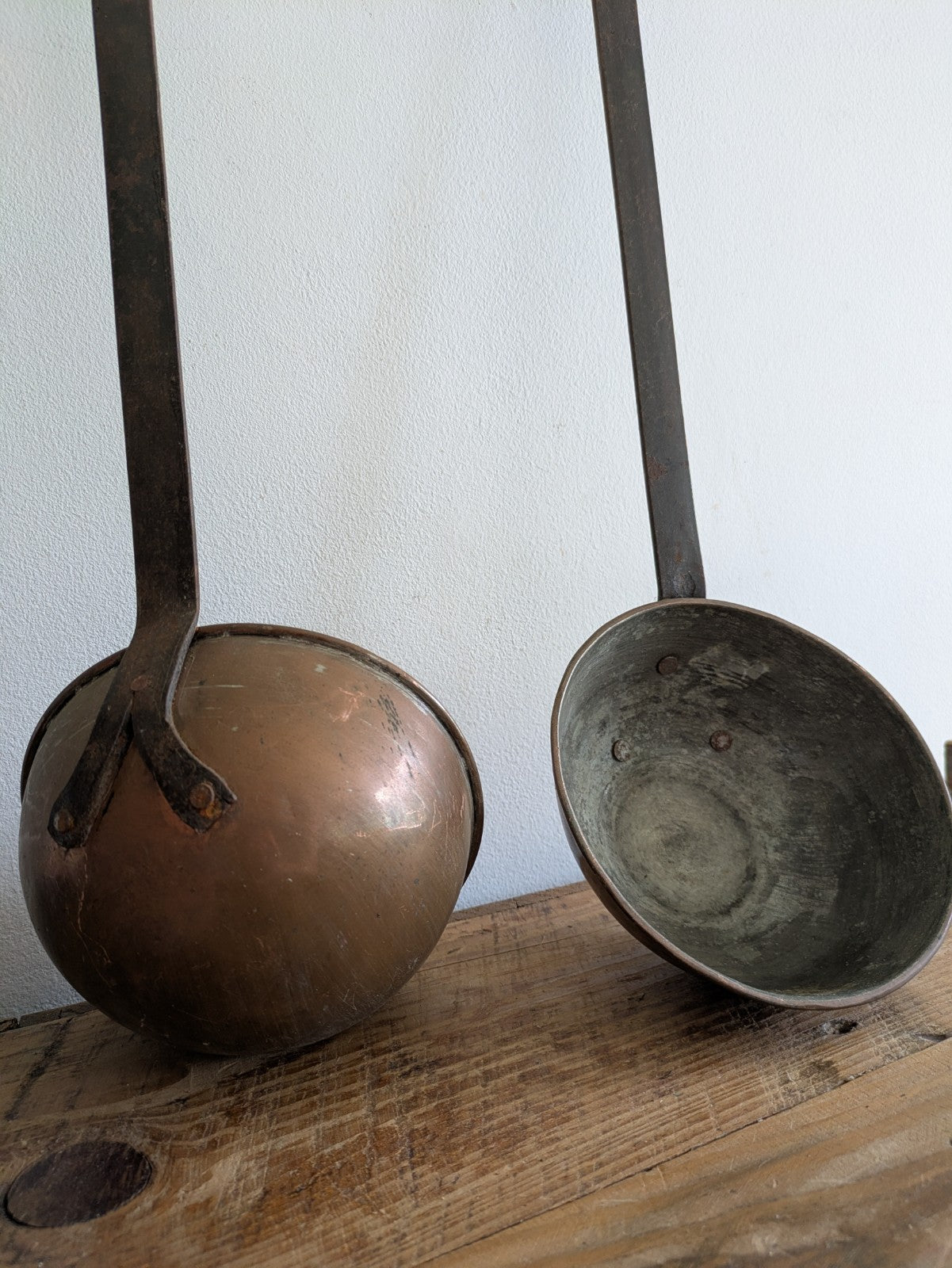 2x Antique Copper Iron Ladle Hand Forged Victorian Scoop Wall Hanging Spoons Vtg