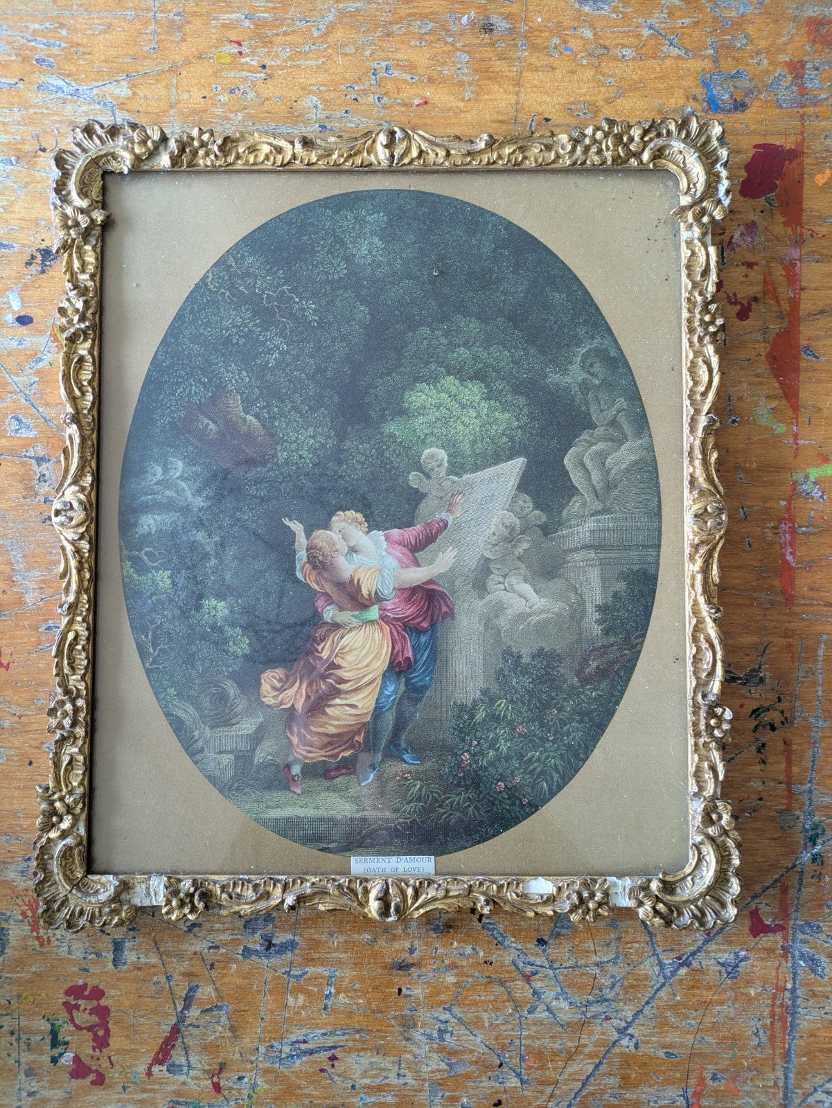 Antique 19th Cent Colored Engraving Le Serment d'Amour  The Lover's Oath Framed 