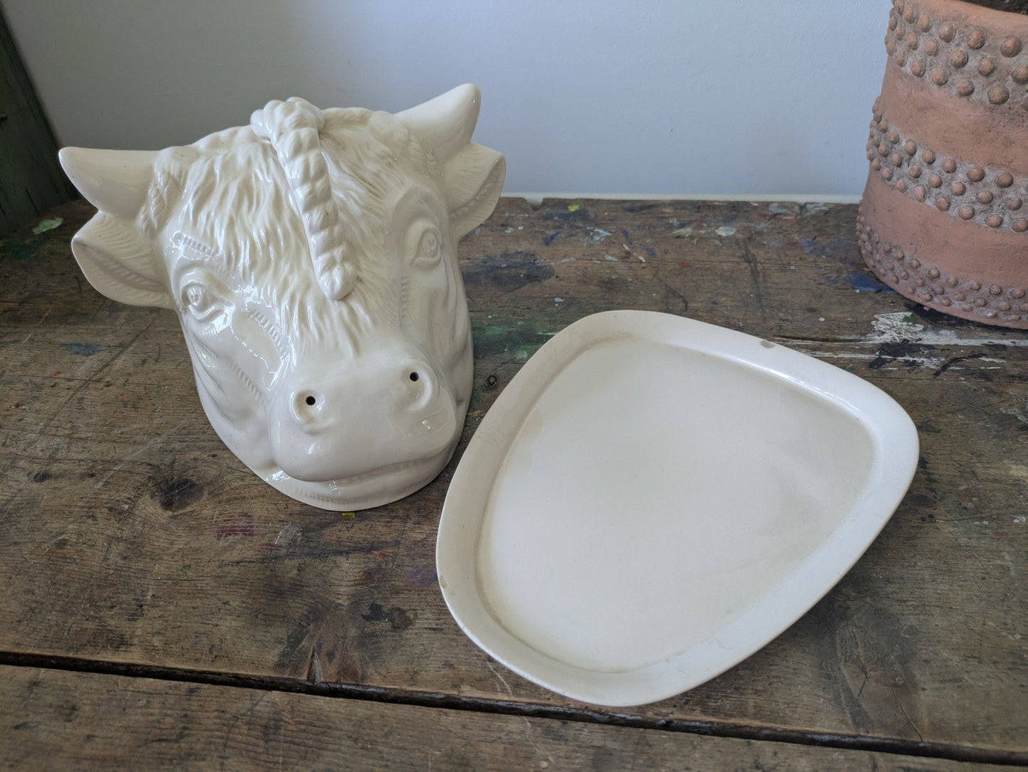 Rare Bull Head Cheese Dish Cloche With Plate Vintage Antique Cream Ceramic Old 