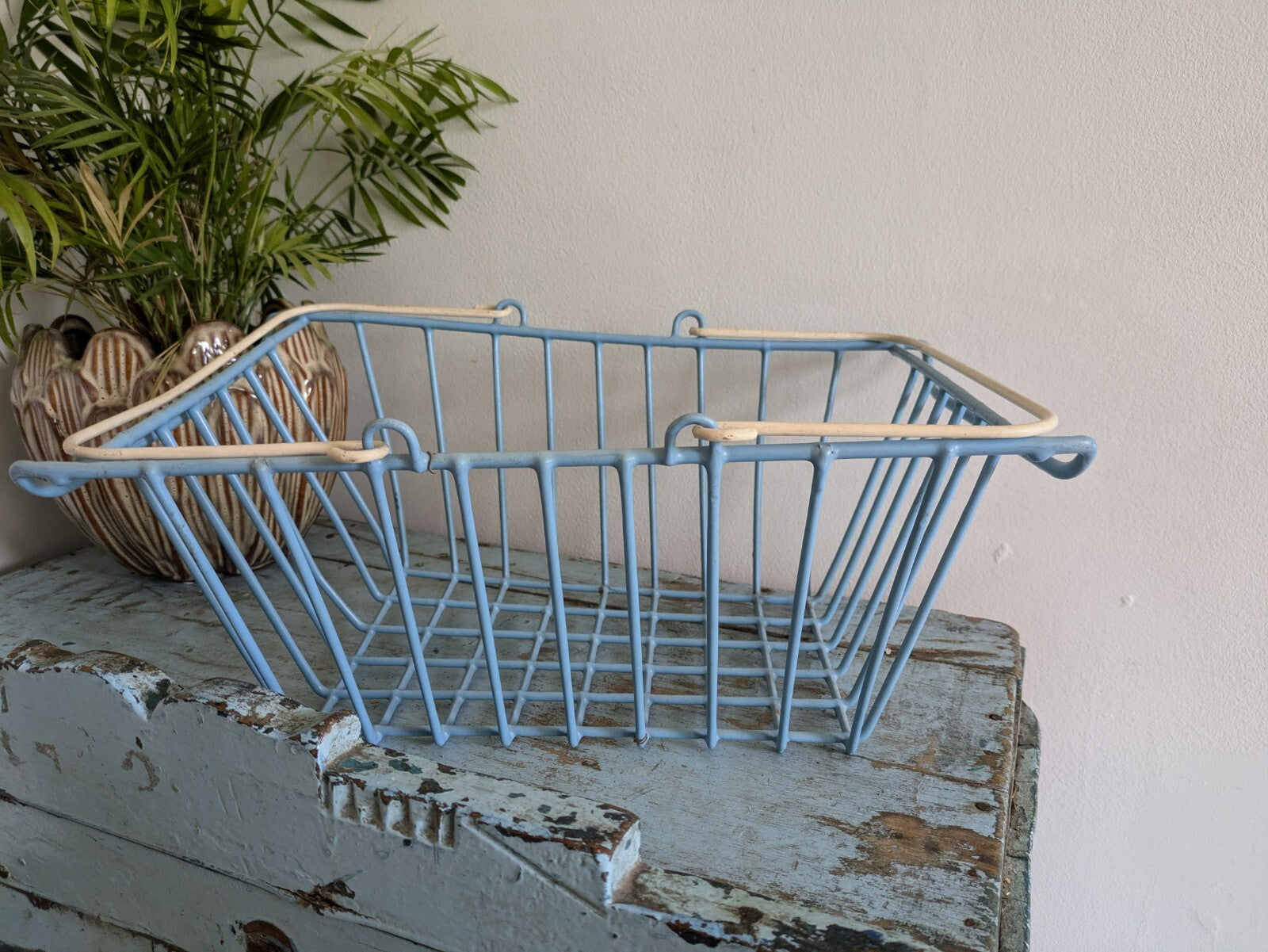 Vntage Pastel Sky Blue Wire Shopping Basket MCM Swing Handle Metal Farmers Retro