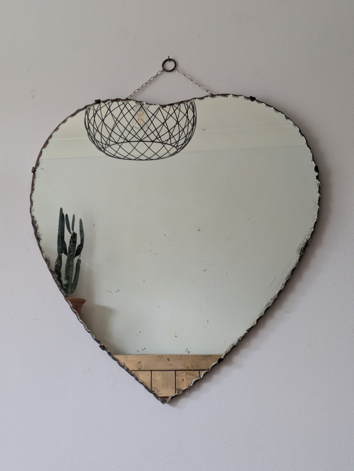 Large Antique Vintage Art Deco 1930s Heart Shaped Scalloped Mirror With Chain