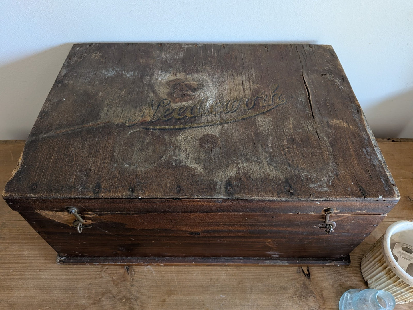 Antique Victorian Needlework Box Wooden Sewing Padded Interior Craft Gilt Letter
