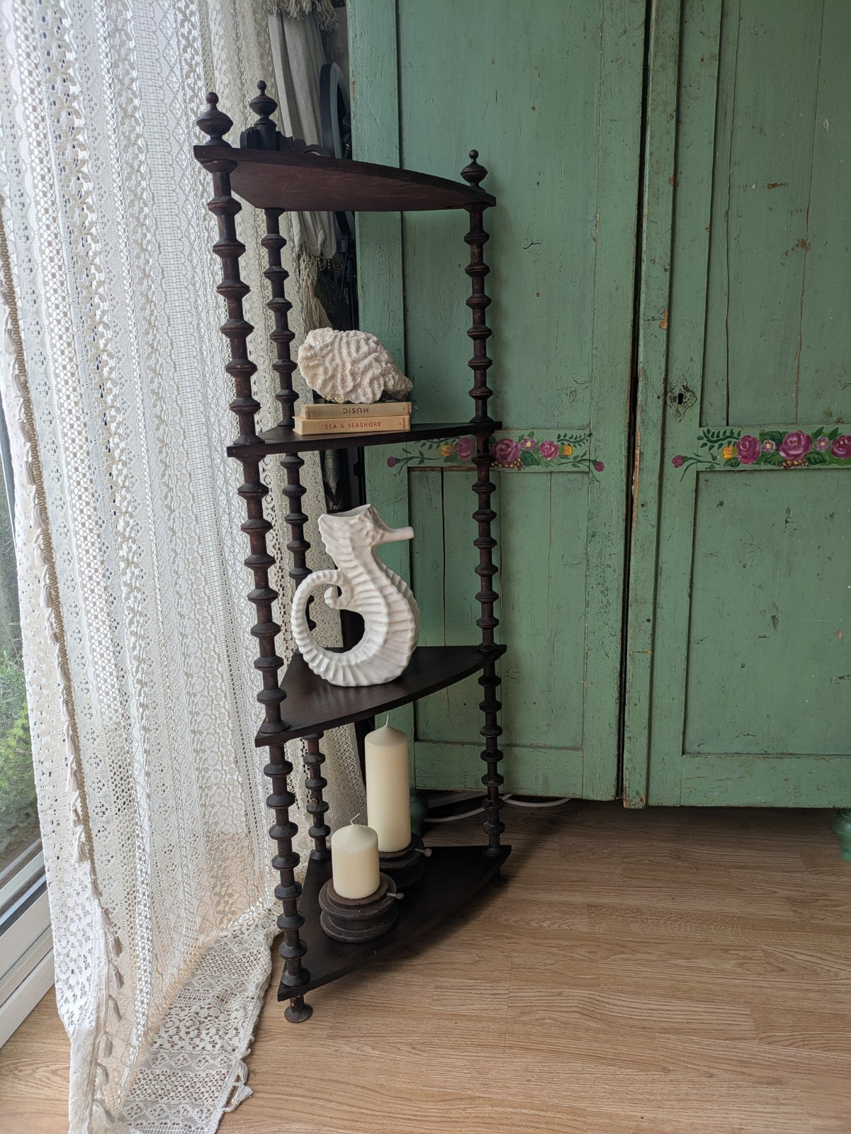 Antique French Bobbin 19th Century Four Shelf Corner Whatnot