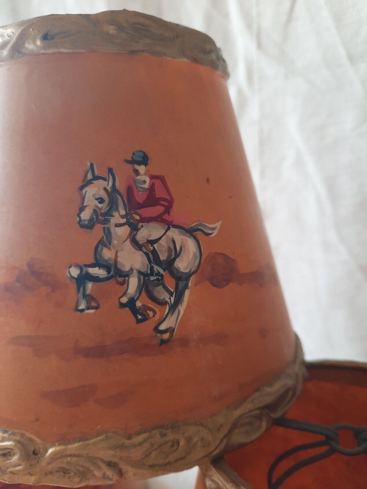 3x Rare Vintage 1950s Clip-on Lamp Shade Hand Painted Hunting English Dog Horse