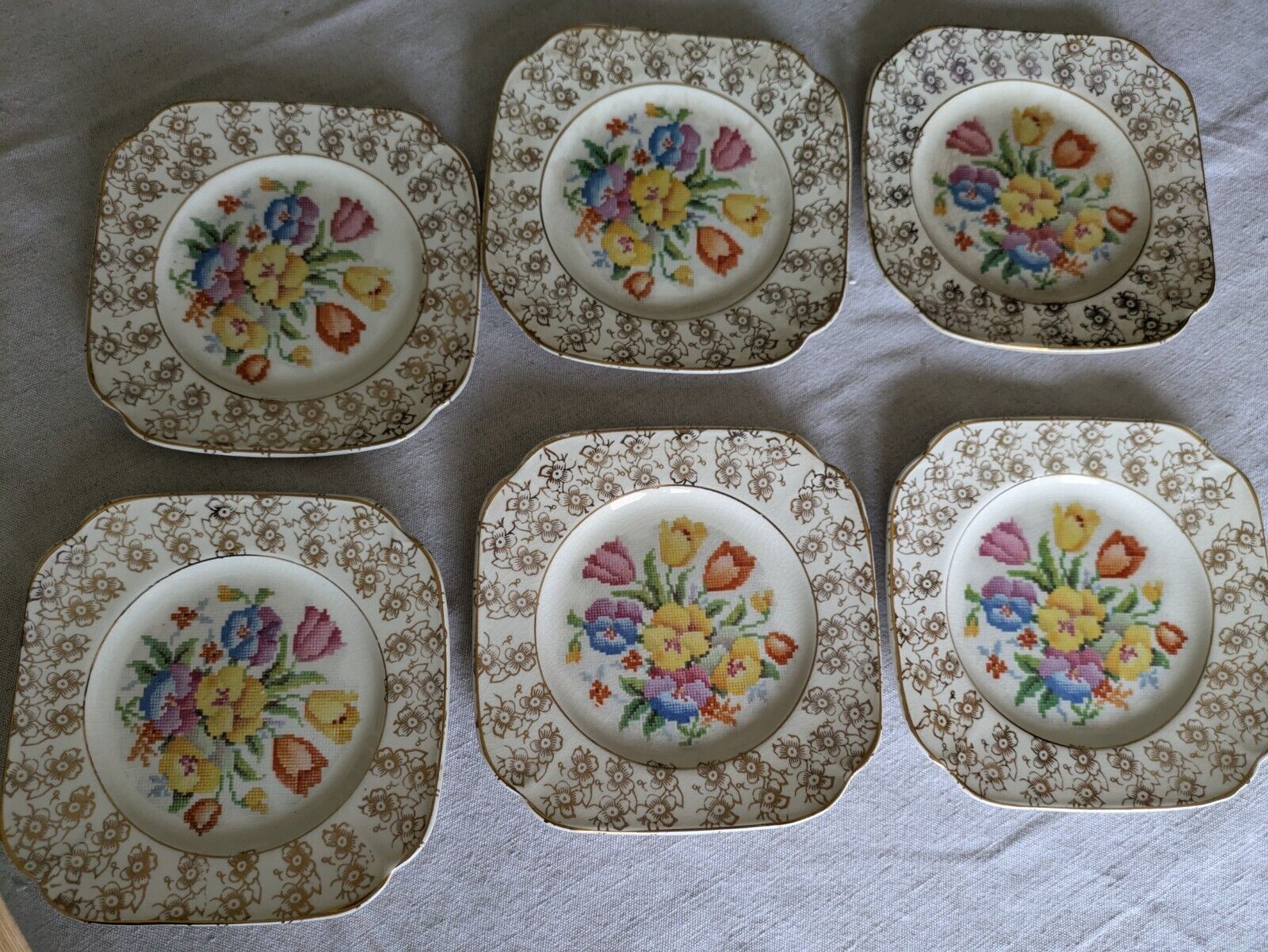 6x Vtg Coronet Ware Tapestry English Sampler Side Plates Parrott & Co Burslem 