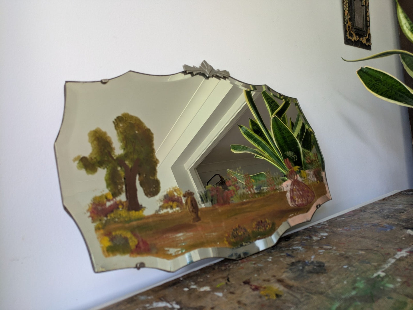 Vintage Art Deco Hand Painted Bevelled Wall Mirror Crinoline Lady Spring Garden