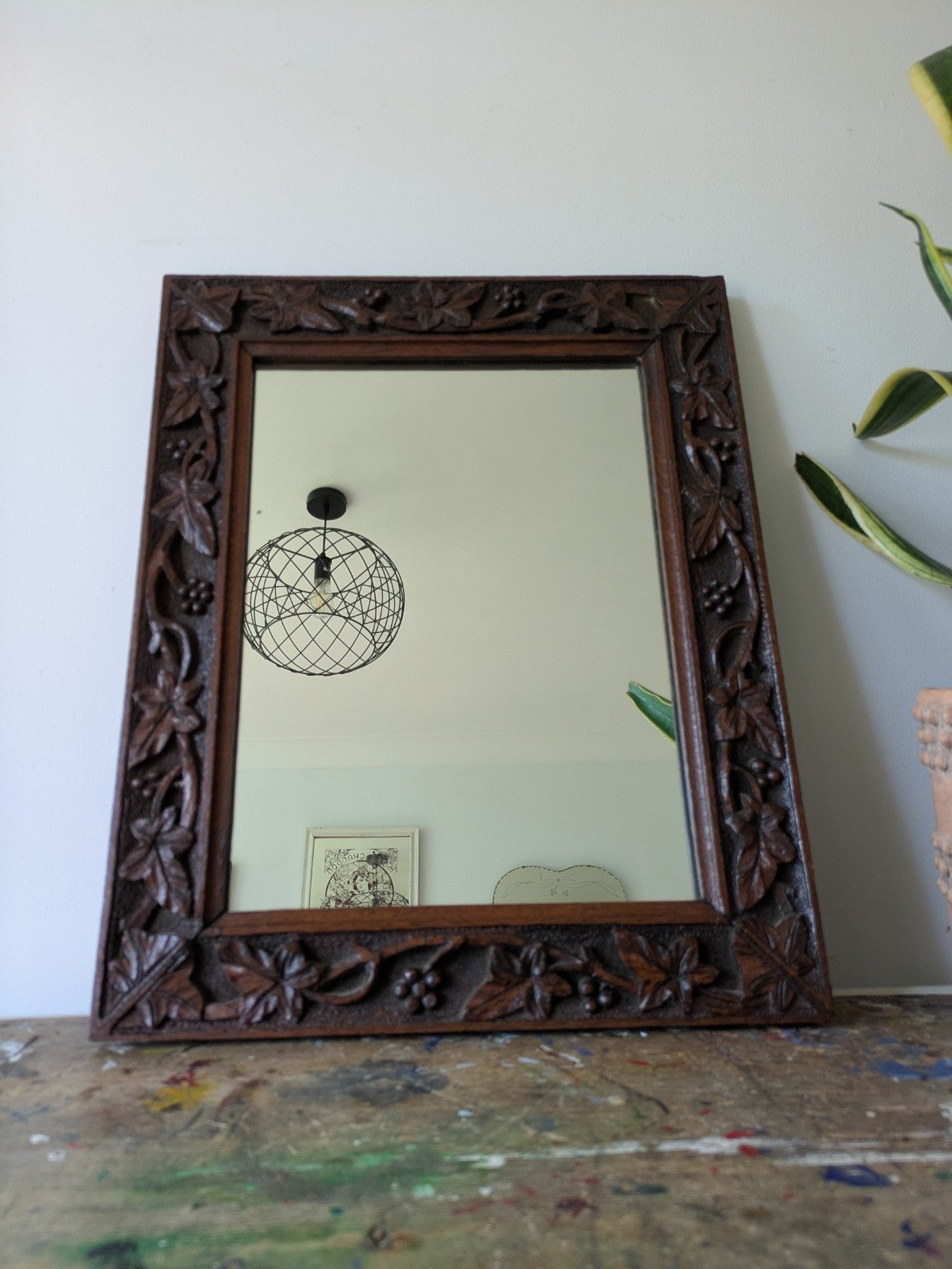 C1890 Victorian Rectangular Mirror Antique Oak Hand Carved Frame Berries Leaves