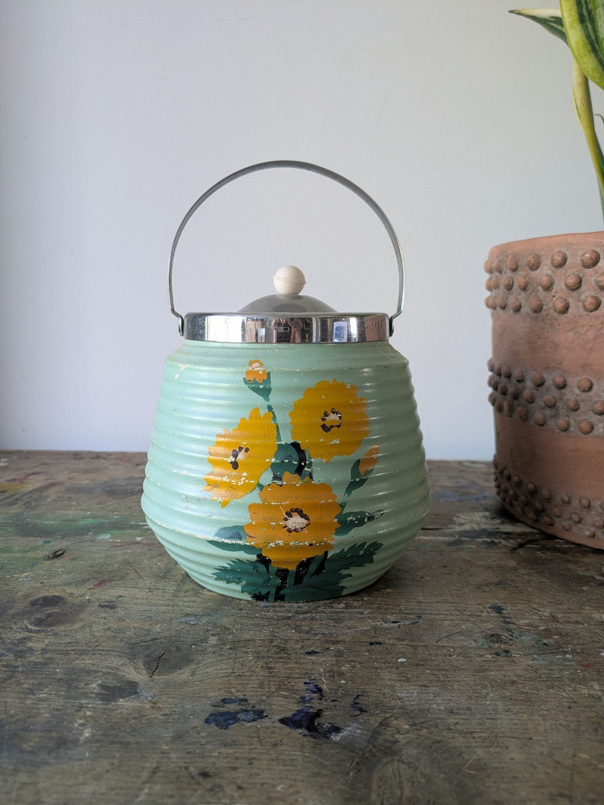 Vintage 1940s Brentleigh Ware Bramley Pottery Biscuit Barrel Chrome Lid Handle