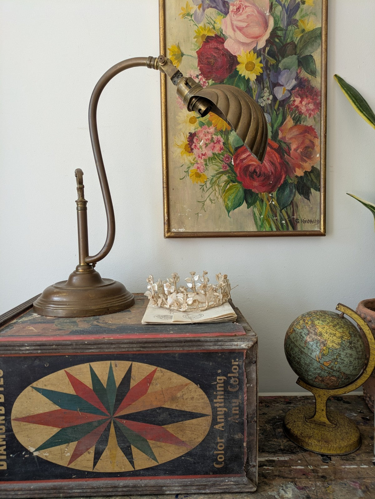 VINTAGE 1920s 30s ANTIQUE ART DECO BRASS SWAN NECK SHELL CLAM DESK LAMP WORKING!